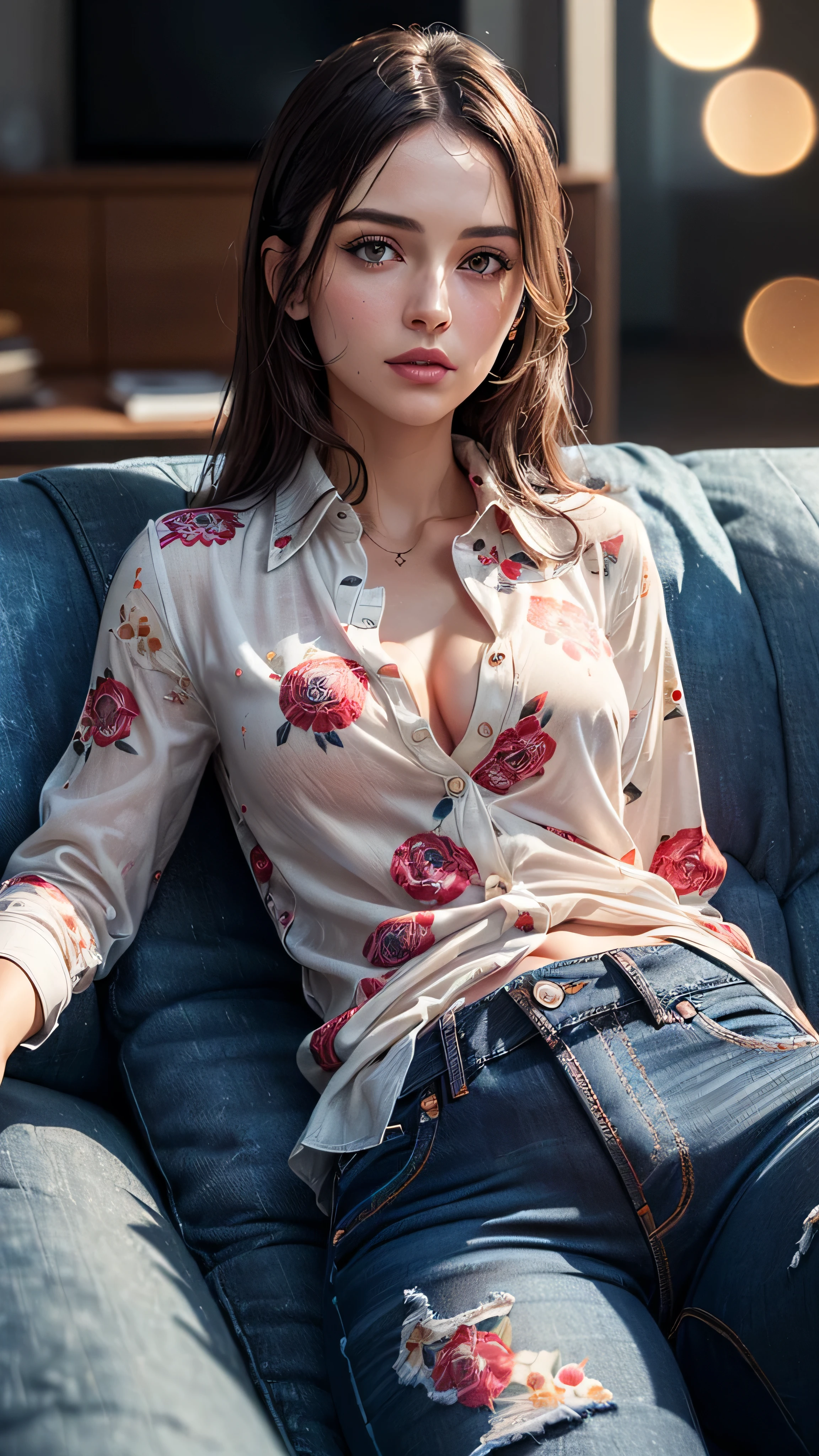 (masterpiece, photorealistic:1.4, extremely intricate:1.3), (photon mapping, radiosity, physically based rendering, ultra resolution, hyper-realistic, photorealistic:1.4, hyper-realistic, 8K), ((detailed woman, (soft loose red white flowerprint shirt, jeans, [ginger hair:dark hair:0.2], touseled hair, [flat chest:medium breasts:0.5]), lounging, couch, (looking away, mature), [makeup:natural:0.5], elegant:1.3), BREAK, (((bokeh, Fujifilm, volumetric dim)))
