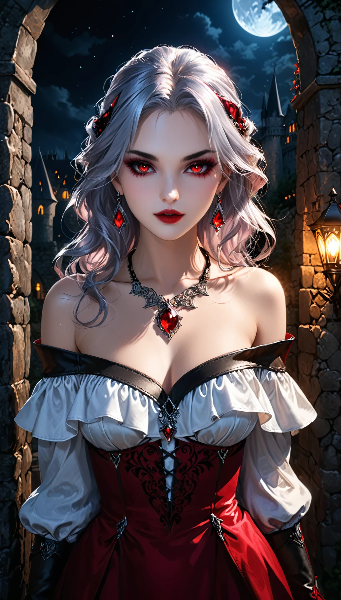 Woman, solo, long hair, breasts, looking at viewer, blue eyes, black hair, hat, dress, cleavage, bare shoulders, jewelry, medium breasts, closed mouth, collarbone, upper body, flower, earrings, choker, necklace, lips, black headwear, makeup, witch hat, rose, animal, cat, lipstick, red flower, gem, lace trim, lace, red rose, hat flower, red lips, witch, black cat, holding animal
