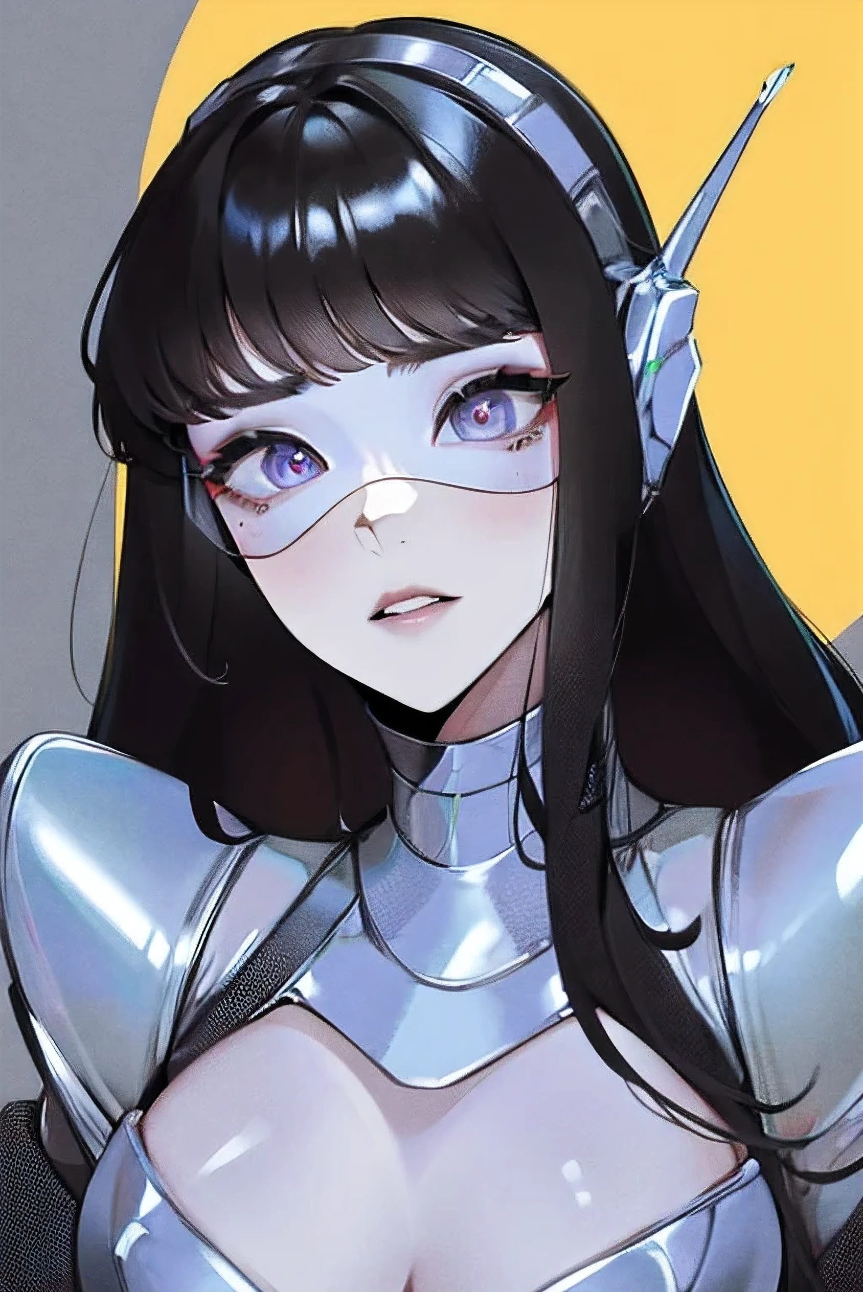 empty eyes,robotized woman ,big bust,Robot Joint ,Metal skin,Black suit,long hair