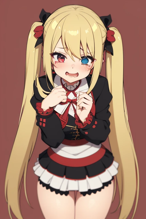 1girl, Breasts, Solo, Long Hair, Blonde Hair, Fang, Tears, Tongue Out, Bangs, Twintails, Very Long Hair, Blush, blood,Simple background, Eyepatch, Anime, Anime Style,
