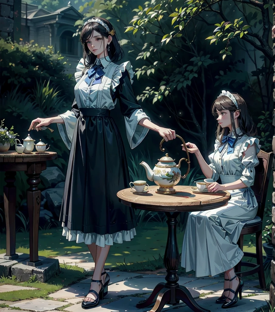absurdres, RAW photo, extremely delicate and beautiful, masterpiece, Best Quality, ultra high resolution, 32k, hyperrealistic, ultra-detailed, Very detailed CG 8k wallpaper, detailed background, landscape, Beautiful Lighting, Perfect Lightning, Realistic Shadows, perfect anatomy, anatomically correct, perfect figure, Perfect Style, Perfect balance, super Detailed skin, in her 30s, very Slim body, narrow waist, very small head, very small face, delicate facial features, handsome detailed woman, very detailed eyes and face, realistic face proportions, Realistic beautiful face, Realistic beautiful eyes, tearful mole, earring, whole body shot, very huge round tits, medium hair, asymmetrical hair, outdoor, Beautuful Matured woman preparing tea_party in the garden, standing by the round table, dispensing a cup of tea, leaning forward, meisen's tea set, tea pot, tea cups, some cakes on dish, delicate and classy British style white table with gold accents and royal_blue, wearing light_brown maid uniform, maid costume, long flare skirts, apron, bow ties on the chest, long tall sally,