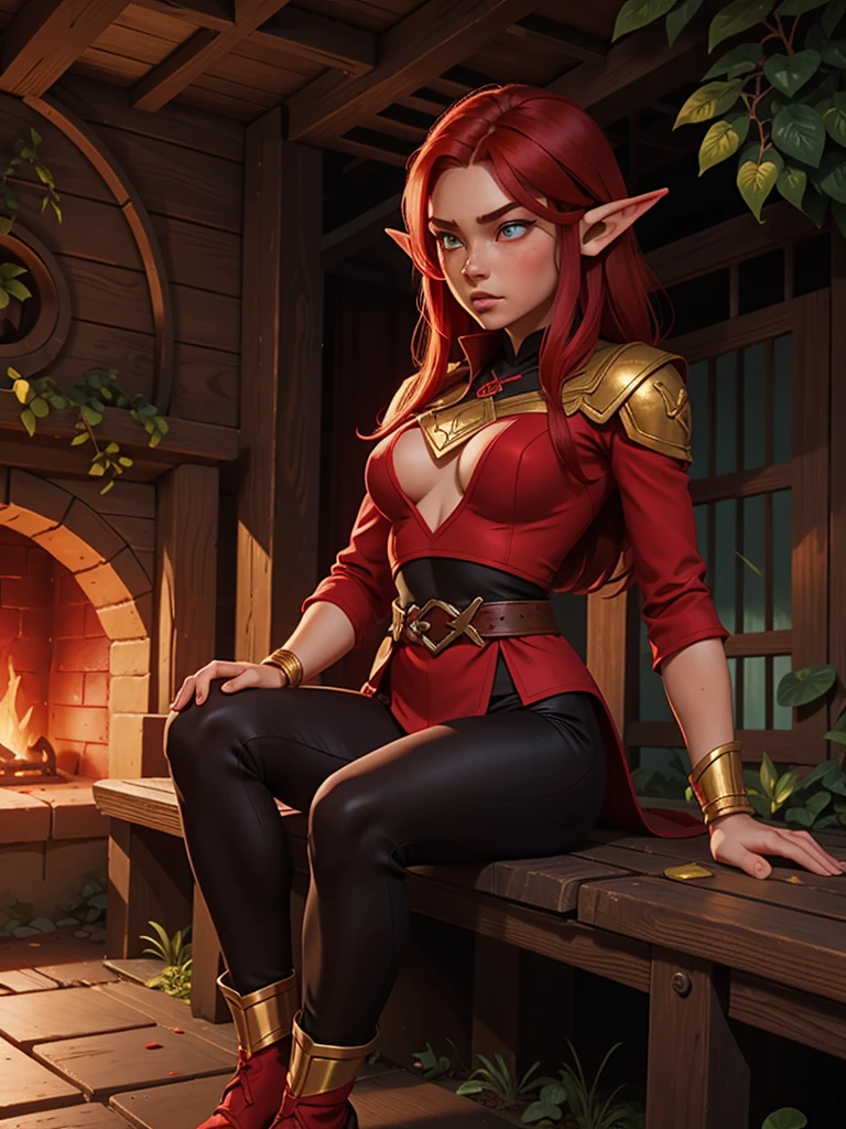 half-elf girl is sitting on an old bench vomiting hot lava, crimson hair, crimson eyes, red and black outfit with gold trim, black pants,