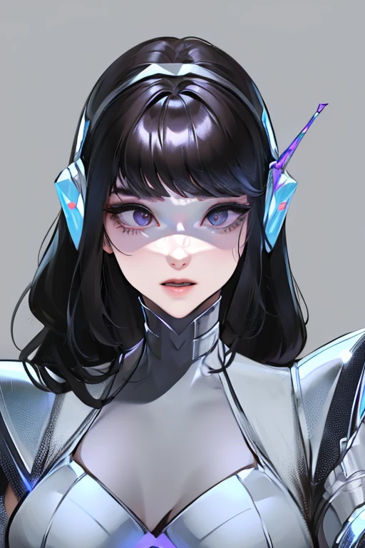 empty eyes,robotized woman ,big bust,Robot Joint ,Metal skin,Black suit,long hair