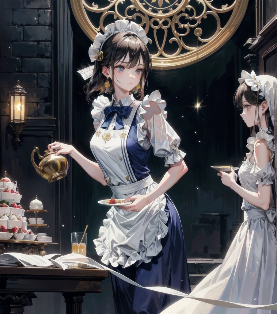 absurdres, RAW photo, extremely delicate and beautiful, masterpiece, Best Quality, ultra high resolution, 32k, hyperrealistic, ultra-detailed, Very detailed CG 8k wallpaper, detailed background, landscape, Beautiful Lighting, Perfect Lightning, Realistic Shadows, perfect , anatomically correct, perfect figure, Perfect Style, Perfect balance, super Detailed skin, in her 30s, very Slim body, narrow waist, very small head, very small face, delicate  features, handsome detailed woman, very detailed eyes and face, realistic face proportions, Realistic beautiful face, Realistic beautiful eyes, tearful mole, earring, whole body shot, very huge round , medium hair, asymmetrical hair, outdoor, Beautuful Matured woman preparing tea_party in the garden, standing by the round table, dispensing a cup of tea, leaning forward, meisen's tea set, tea pot, tea cups, some cakes on dish, delicate and classy British style white table with gold accents and royal_blue, wearing light_brown maid uniform, maid costume, long flare skirts, apron, bow ties on the , long tall sally, 