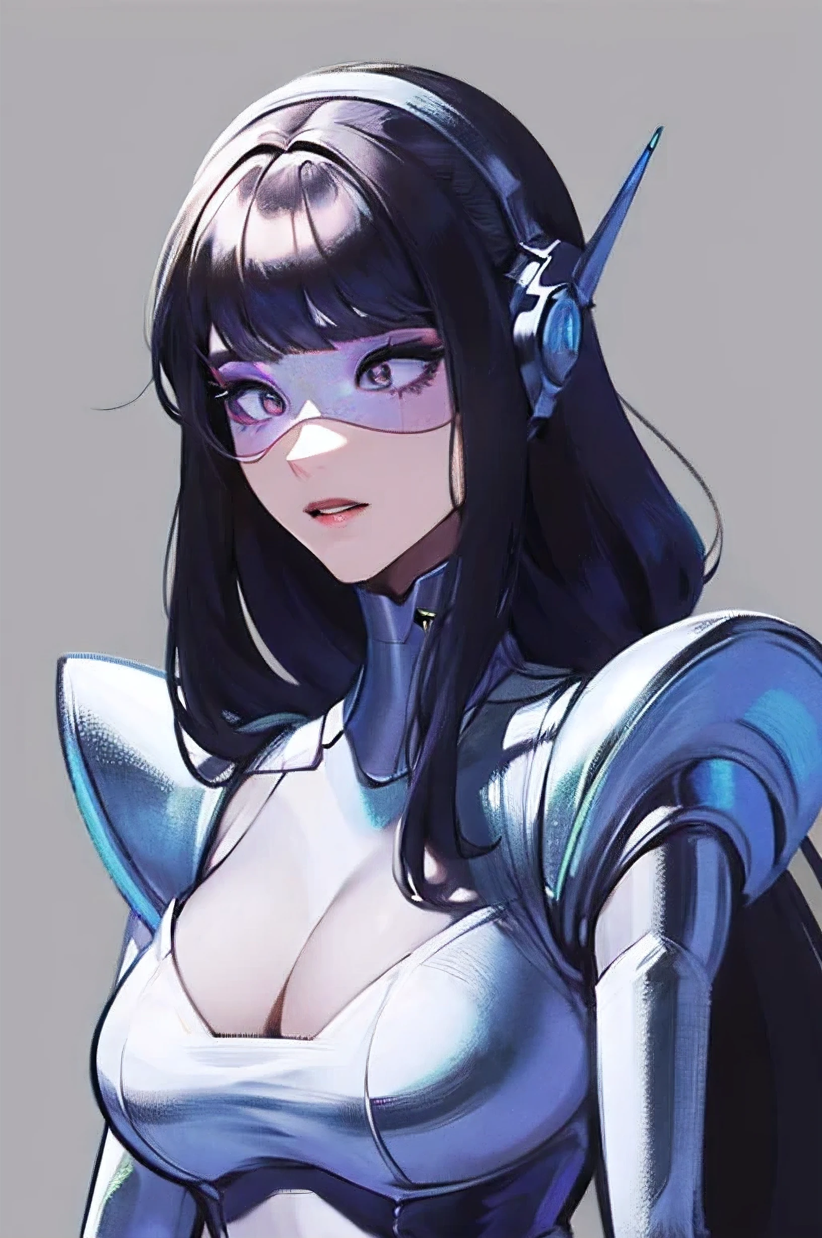 empty eyes,robotized woman ,big bust,Robot Joint ,Metal skin,long hair