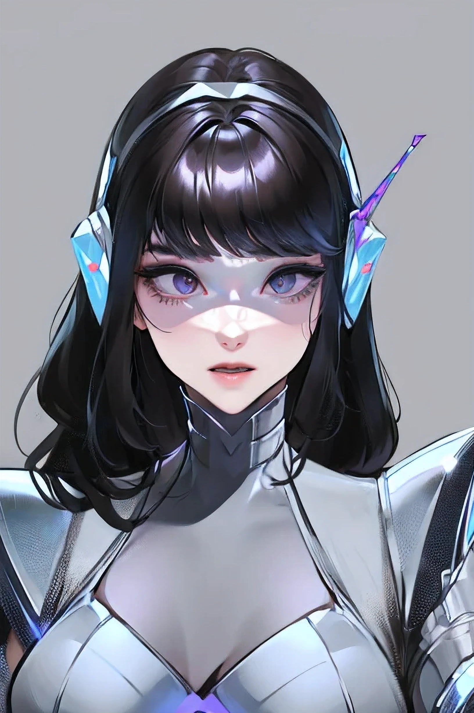 empty eyes,robotized woman ,big bust,Robot Joint ,Metal skin,Black suit,long hair