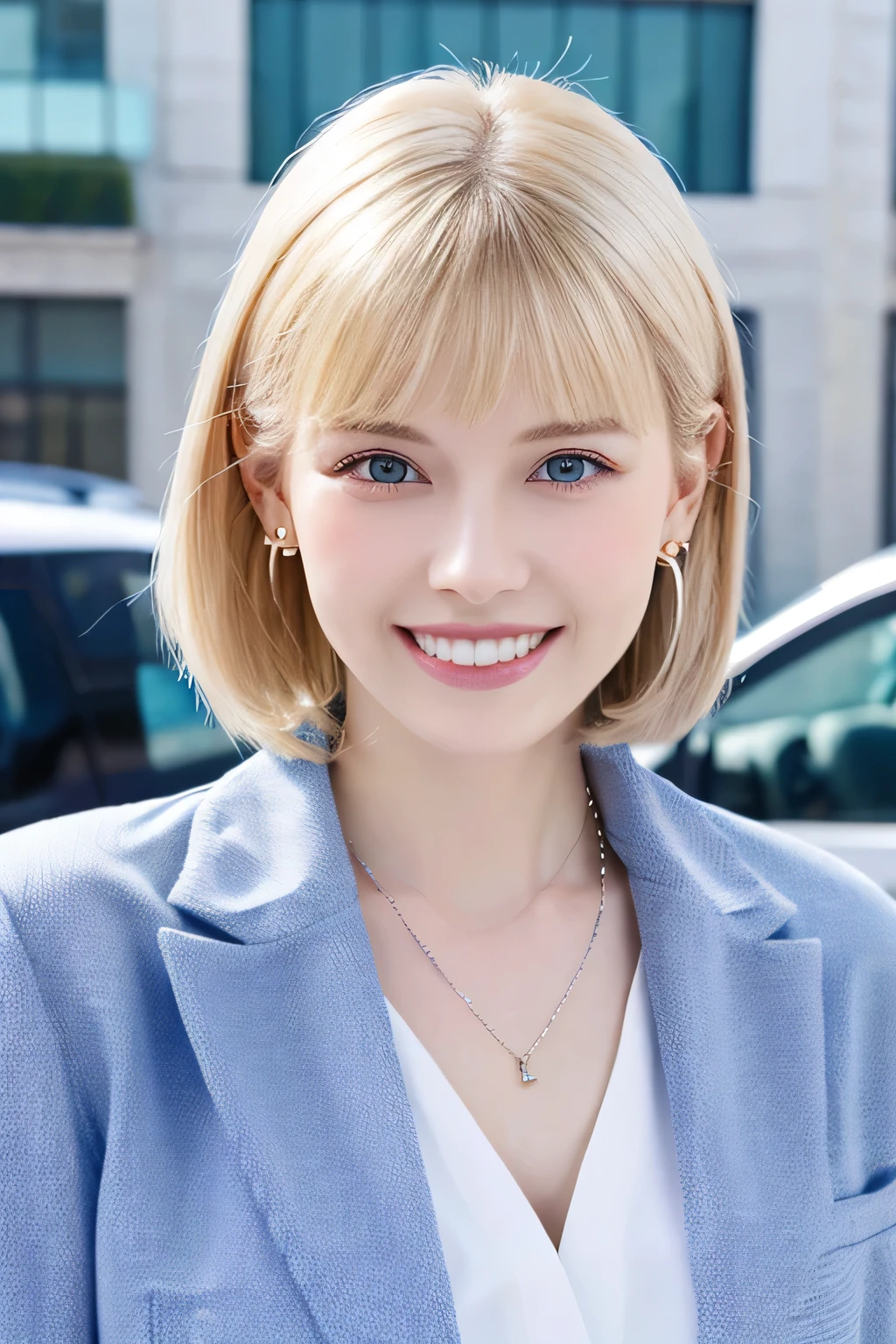 8K、highest quality、Blonde Hair、Blue eyes、White women、Short Haircut、Ear piercing、necklace、smile、Beautiful teeth alignment、Office Lady Suits、The background is the building's corridor.