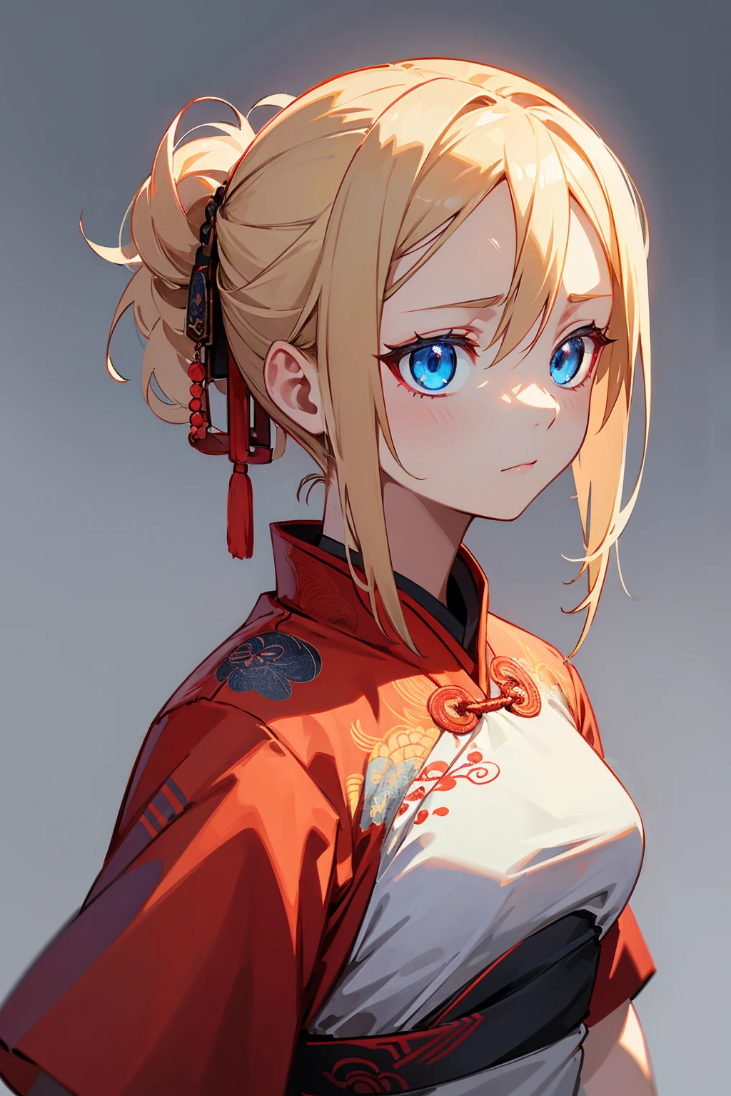 1female, blonde hair, messy updo, blue eyes, somber expression, red chinese design shirt, white and red chinese design pants, foggy background, hands to side, detailed face