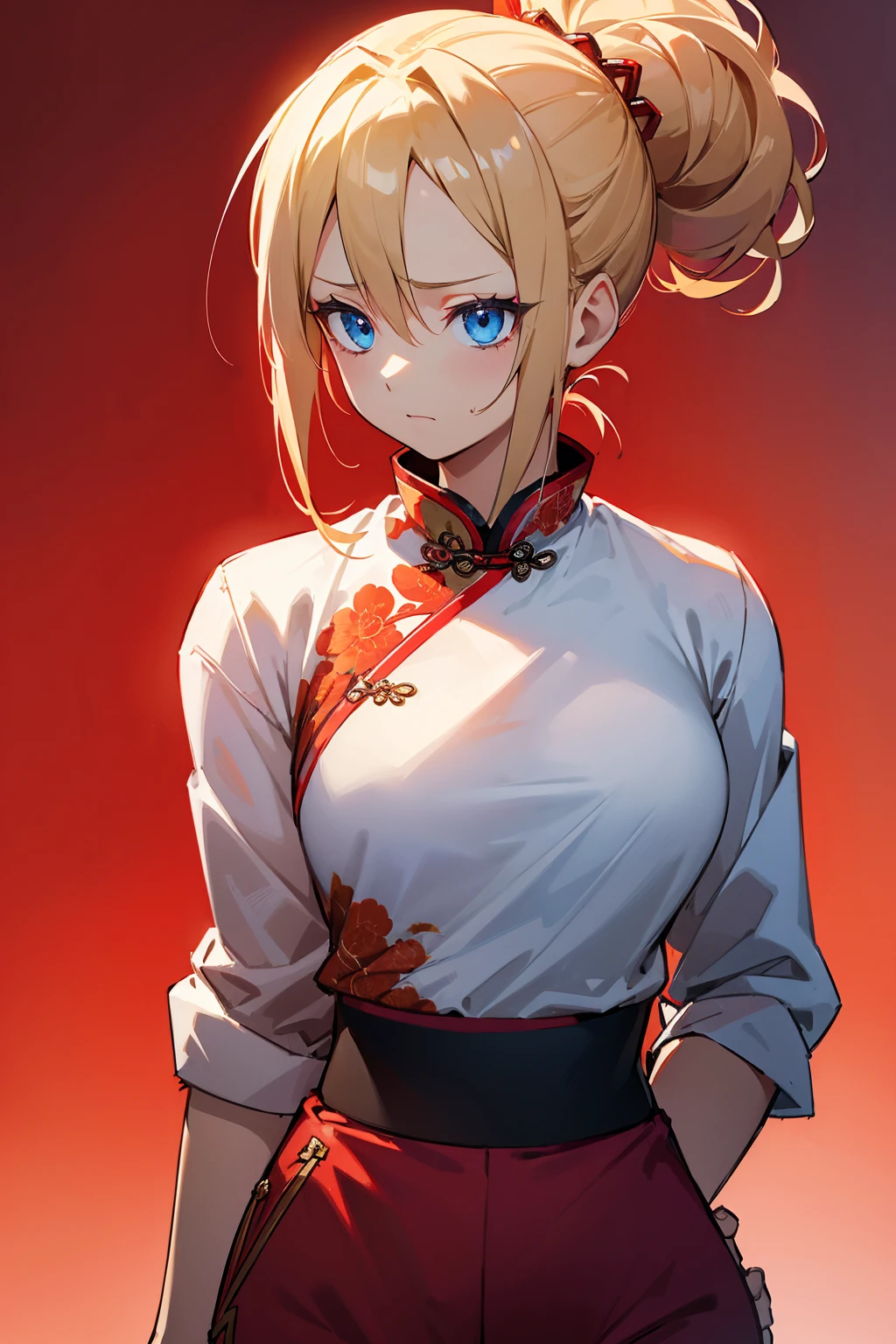 1female, blonde hair, messy updo, blue eyes, somber expression, red chinese design shirt, white and red chinese design pants, foggy background, hands to side, detailed face