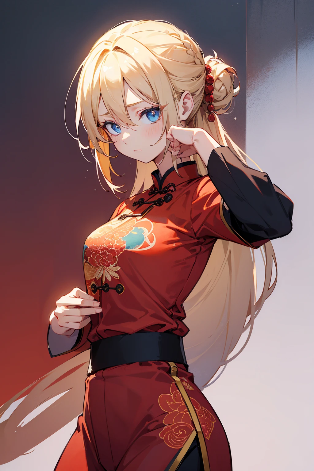 1female, blonde hair, messy updo, blue eyes, somber expression, red chinese design shirt, white and red chinese design pants, foggy background, hands to side, detailed face