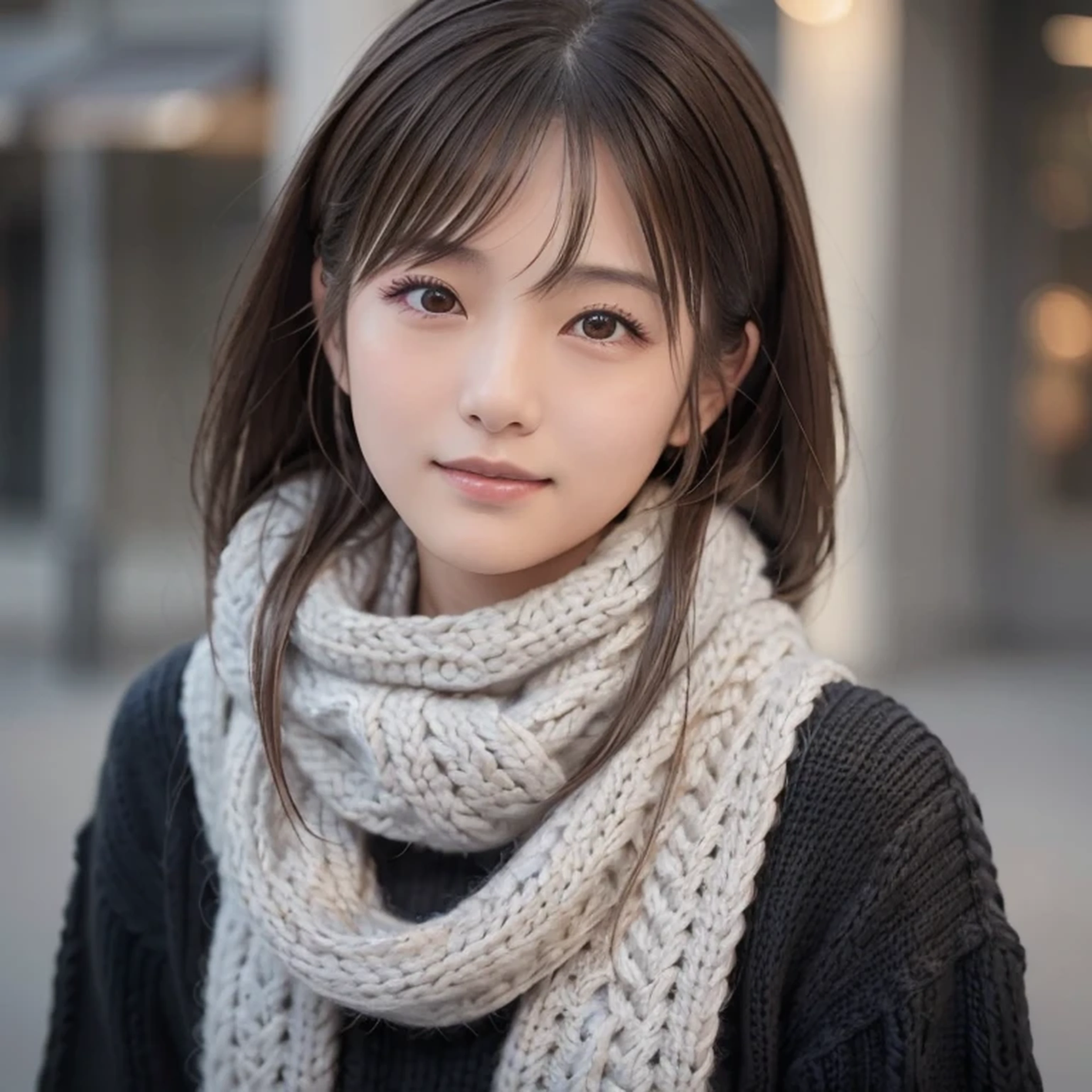 1 Japanese girl,(Black sweater:1.4),(She has a knitted snood around her neck to cover her chin.:1.5), (RAW Photos, Highest quality), (Realistic, Photorealistic:1.4), Tabletop, Very delicate and beautiful, Very detailed, 8k wallpaper, wonderful, In detail, Highly detailed CG unification, High resolution, Soft Light, Beautiful Details 19 years old, Very detailed目と顔, Beautifully detailed nose, Beautiful attention to detail,Cinema Lighting,City lights at night,Perfect Anatomy,Slender body,smile  (My hair is messy, Asymmetrical bangs, Light brown hair,)