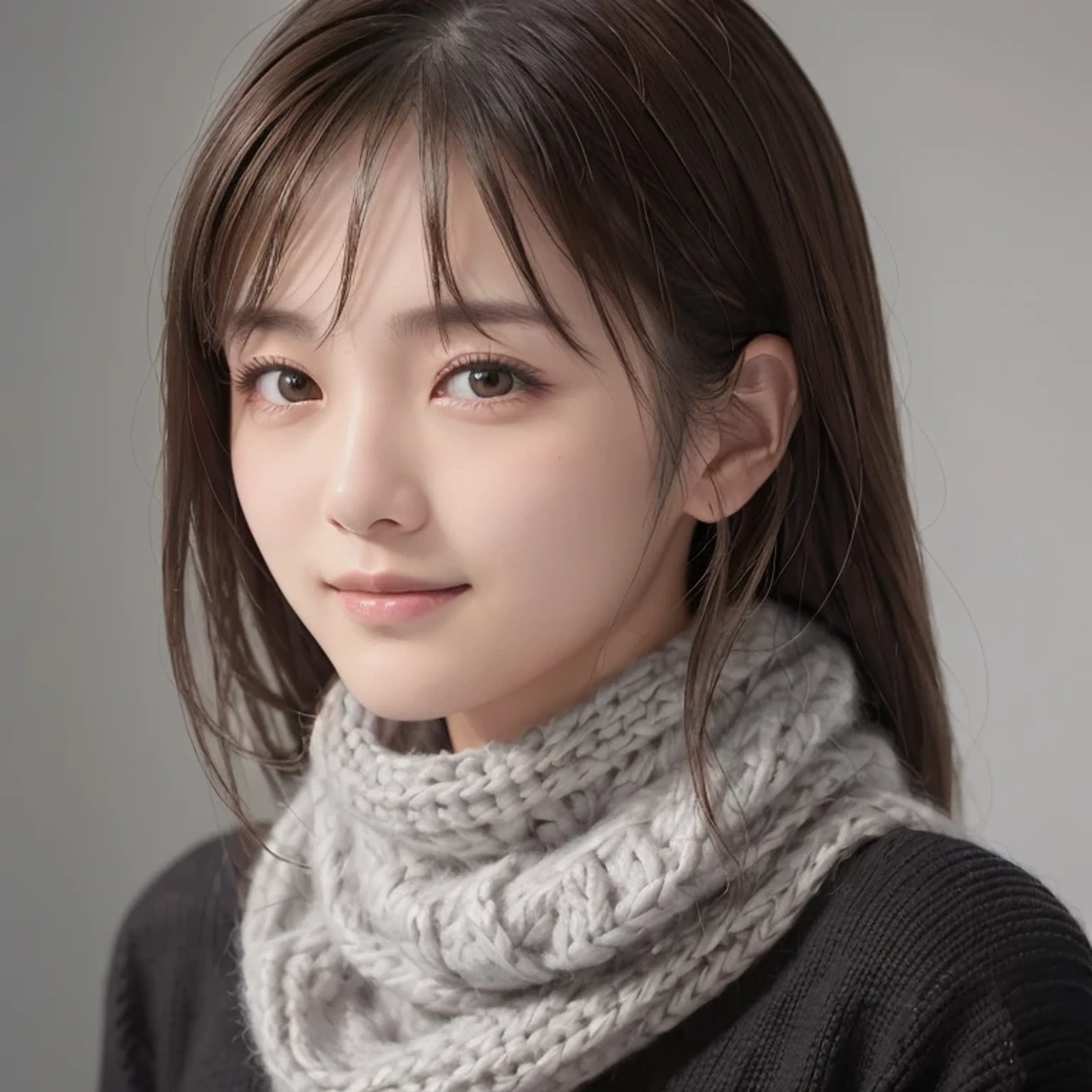 1 Japanese girl,(Black sweater:1.4),(She has a knitted snood around her neck to cover her chin.:1.5), (RAW Photos, Highest quality), (Realistic, Photorealistic:1.4), Tabletop, Very delicate and beautiful, Very detailed, 8k wallpaper, wonderful, In detail, Highly detailed CG unification, High resolution, Soft Light, Beautiful Details 19 years old, Very detailed目と顔, Beautifully detailed nose, Beautiful attention to detail,Cinema Lighting,City lights at night,Perfect Anatomy,Slender body,smile  (My hair is messy, Asymmetrical bangs, Light brown hair,)