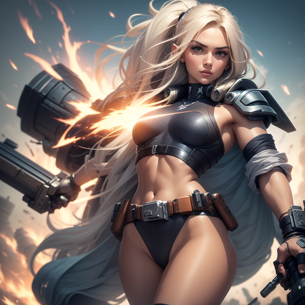 Woman with a cannon attached to her arm like megatron
