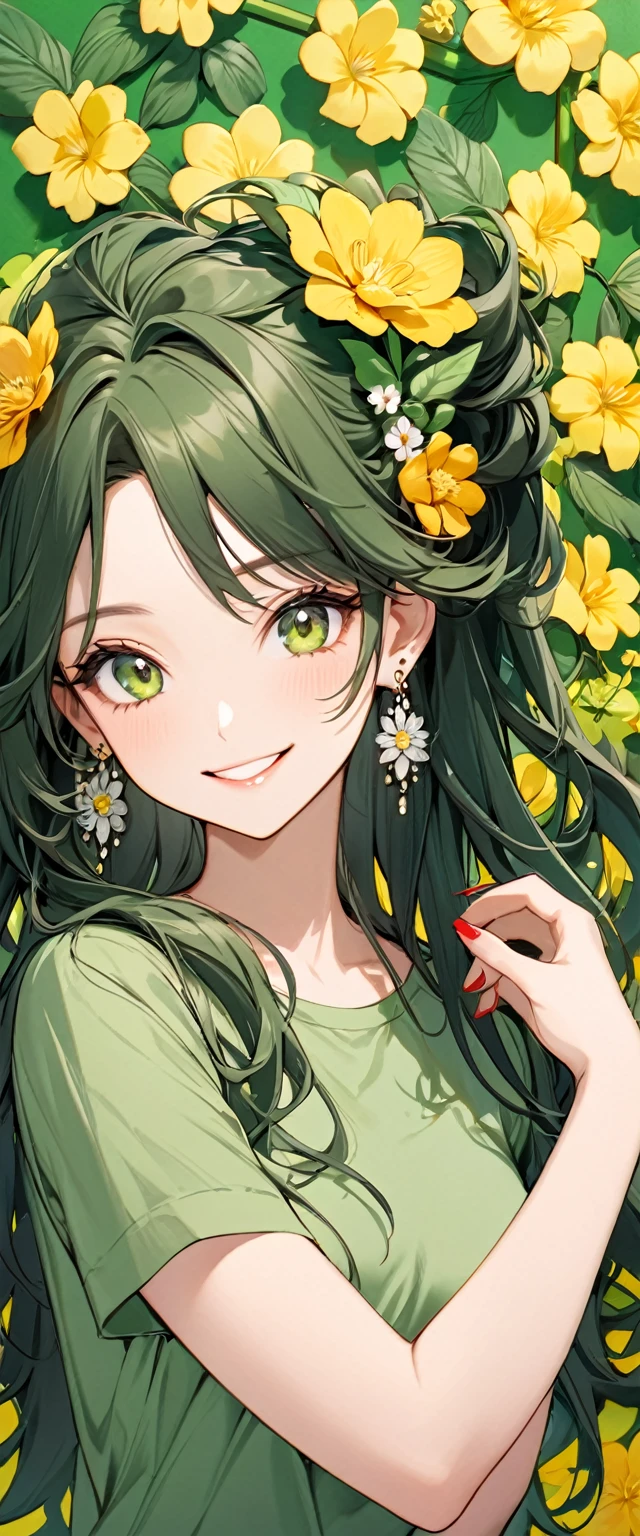 woman with green shirt and yellow flower in hair in front of green flower wall, 1girl, solo, flower, jewelry, hair ornament, earrings, hair flower, red nails, smile, long hair