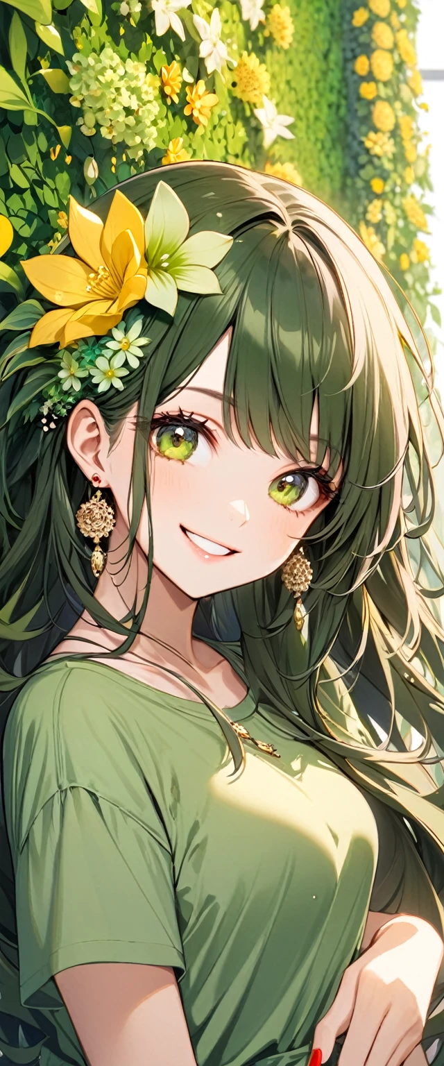 woman with yellow shirt and green flower in hair in front of green flower wall, 1girl, solo, flower, jewelry, hair ornament, earrings, hair flower, red nails, smile, long hair