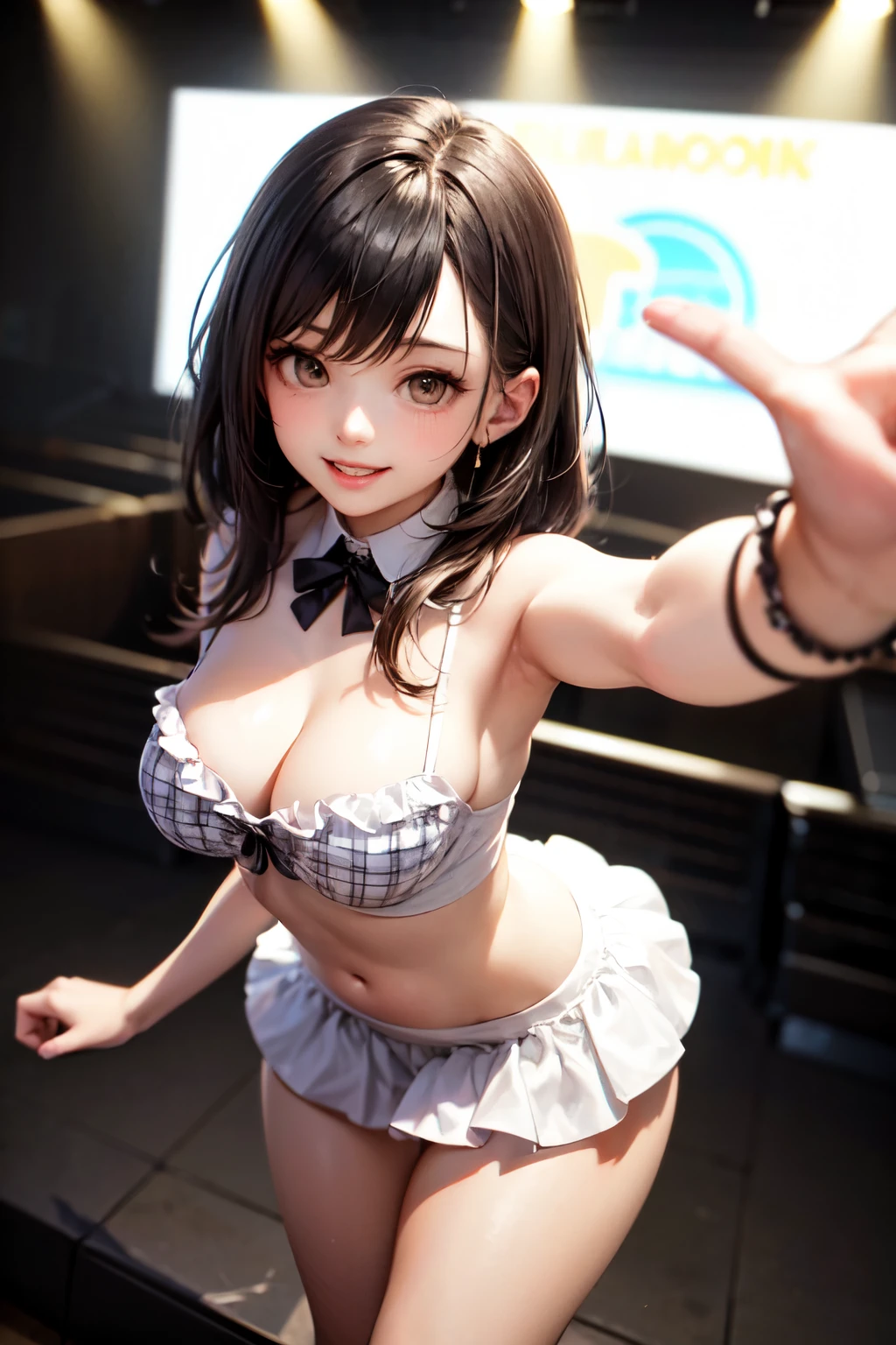 very cute and beautiful girl,(highly detailed beautiful face),(smile:1.2),happy,
black hair,looking at viewer,dancing,singing,beautiful legs,cowboy shot,
plaid scarlet idol costume like AKB48, akiba idol,detailed frills,
live stage,concert hall,spot light,
(best quality,masterpiece),absurdres,highres,ultra-detailed,extremely detailed,32k,8k resolution,
intricate details,cinematic scene,detailed background,solo,dynamic angle,