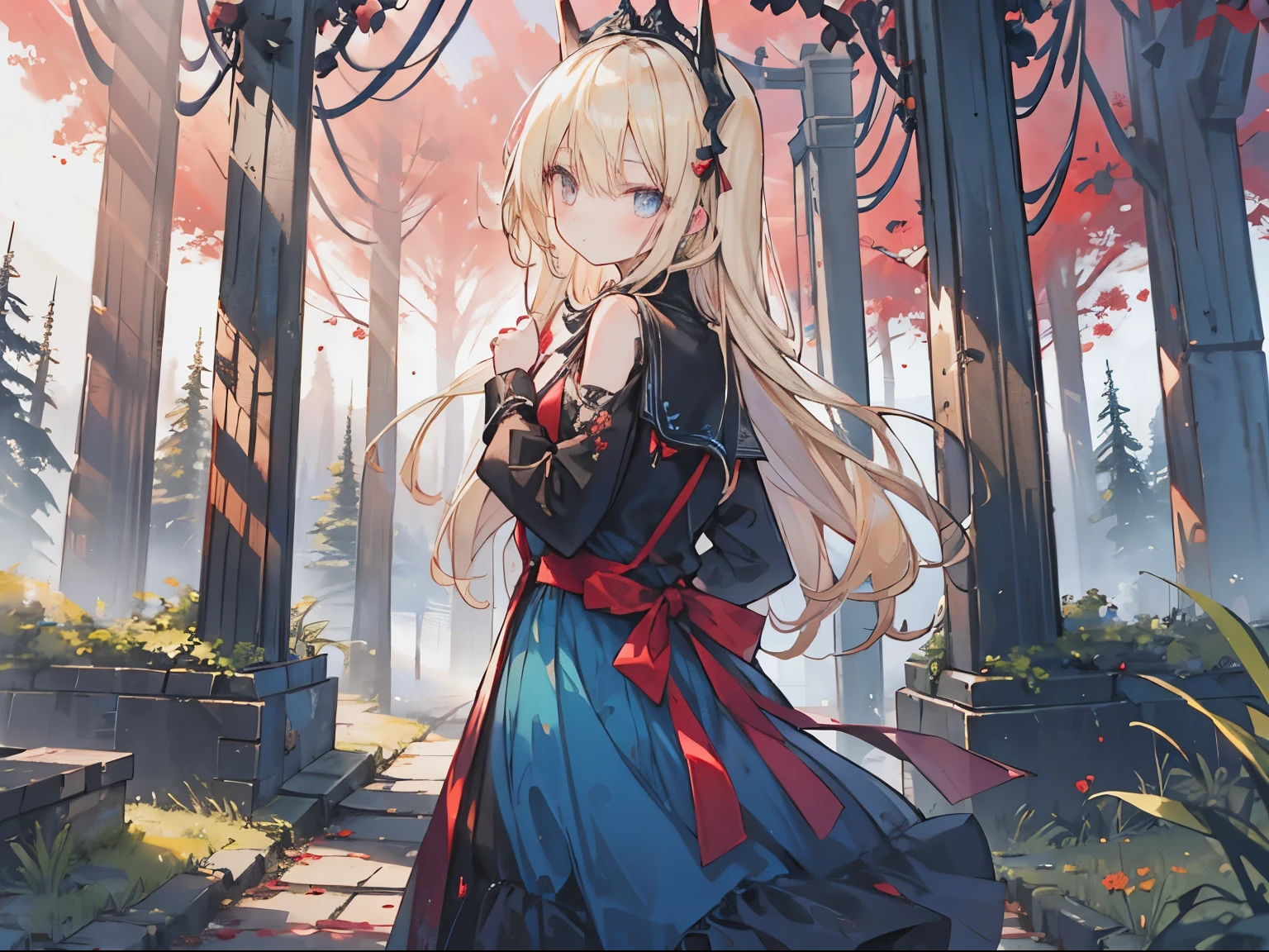Young woman, blonde, Blue dress, Black Forest, Ebony Trees, Red Sky