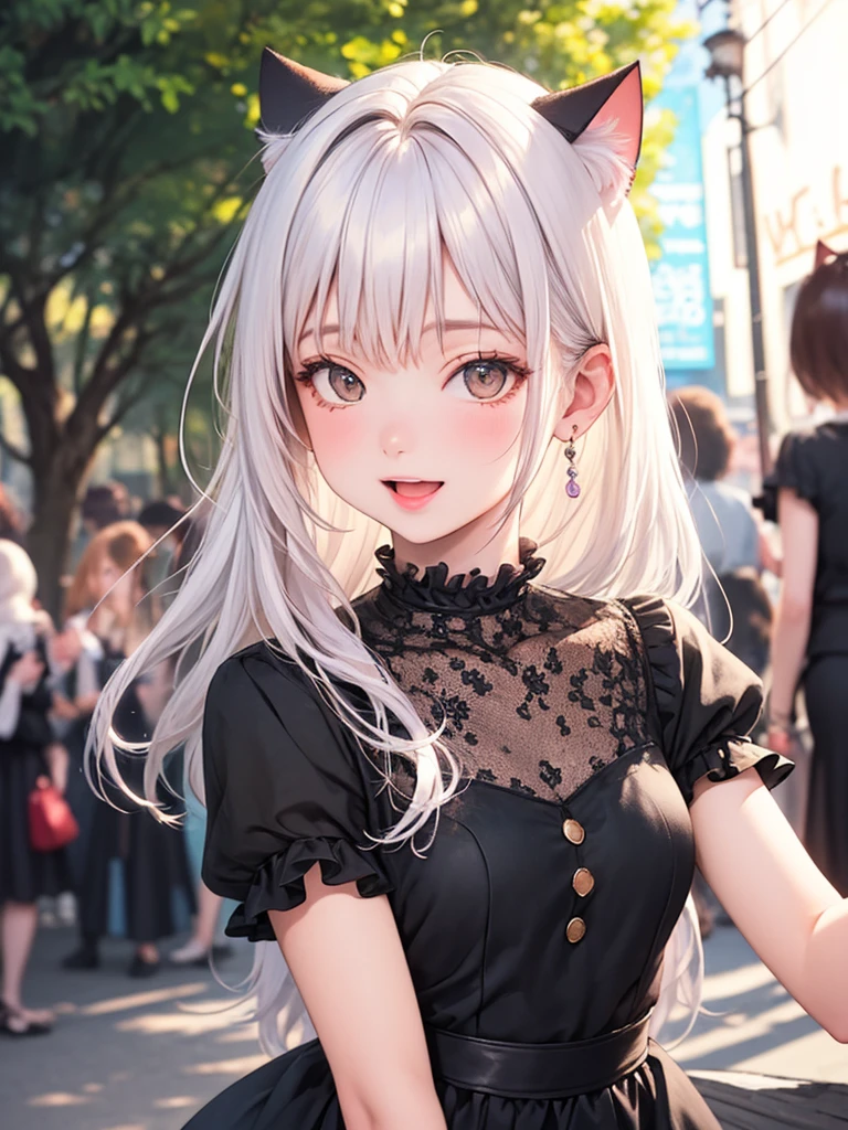 (masterpiece),(Highest quality:1.2),(Perfect Anatomy),1 girl,((alone)), (Cat ear:1.3),Exquisite detail,Vibrant colors, Soft tones, Warm and gentle lighting,(Black dress, Beautiful frills:1.2),Beautiful attention to detail,White Hair,Small breasts,(White Tail),(Look at me sideways),(From the side),Open your mouth,smile,On the go,The atmosphere is full of happiness and laughter,Combination of digital illustration and photography,Soft pastel tones,Creates a dreamy and fantastical atmosphere,Written boundary depth, Bokeh,Cinema Lighting,Idyllic city