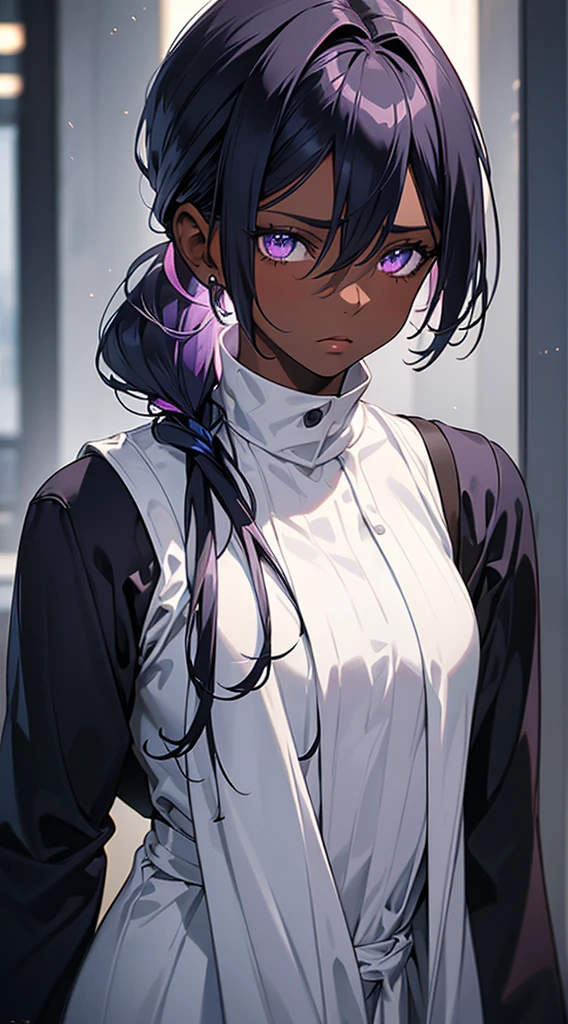 A mature darkskin woman, beautiful detailed purple eyes, long white hair in a ponytail, small blue streaks in her hair, bangs, blank facial expression, wearing a long sleeve shirt with a tie, black hoodie, stoic expression, (best quality,4k,8k,highres,masterpiece:1.2),ultra-detailed,(realistic,photorealistic,photo-realistic:1.37),portrait,high fashion,dramatic lighting,cinematic,moody