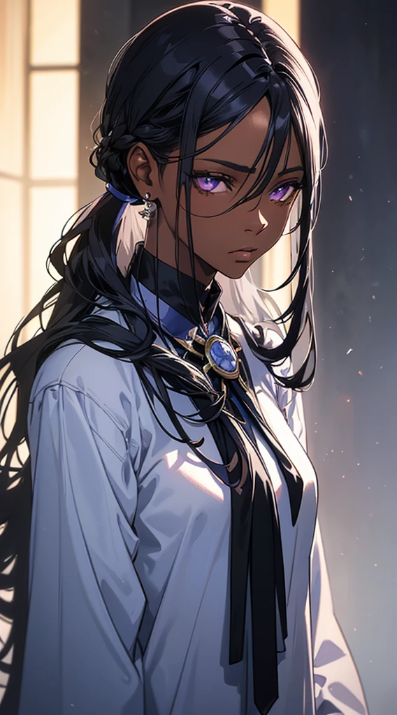 A mature darkskin woman, beautiful detailed purple eyes, long white hair in a ponytail, small blue streaks in her hair, bangs, blank facial expression, wearing a long sleeve shirt with a tie, black hoodie, stoic expression, (best quality,4k,8k,highres,masterpiece:1.2),ultra-detailed,(realistic,photorealistic,photo-realistic:1.37),portrait,high fashion,dramatic lighting,cinematic,moody