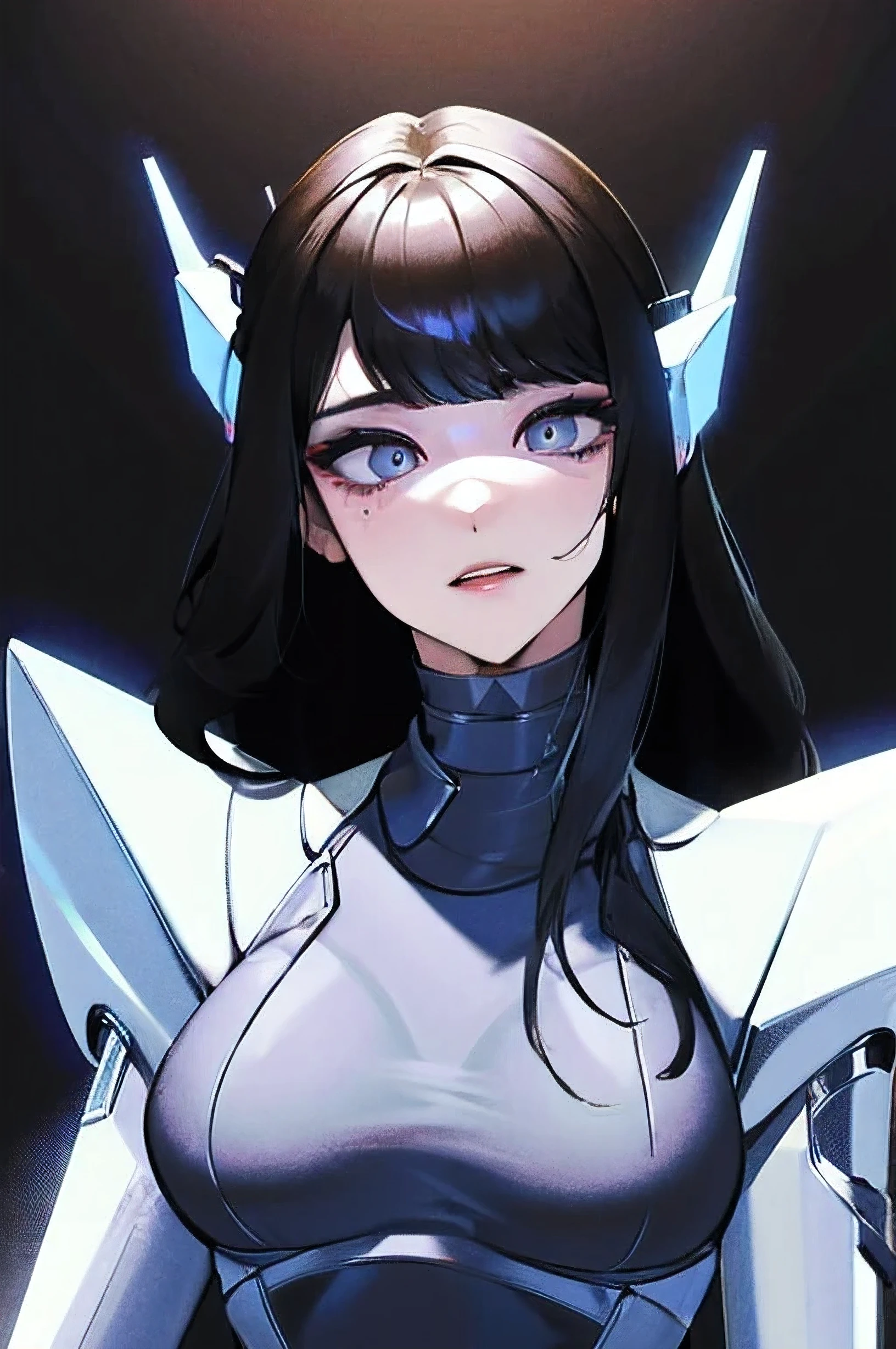 empty eyes,robotized woman ,big bust,Robot Joint ,Metal skin,Black suit,long hair