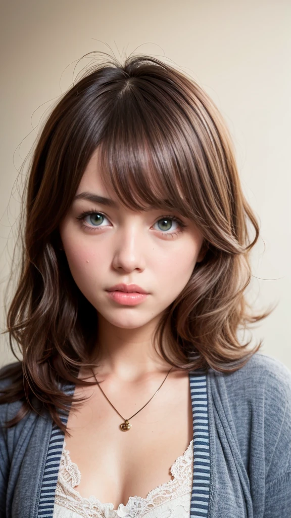 Portrait style image featuring a young woman with striking facial features. She has fair skin, bright blue eyes, and long, wavy red hair that frames her face. Her expression is neutral, with slightly parted lips and a direct gaze into the camera. She is wearing a light-colored top with a lace detail visible at the neckline, and a gray cardigan. The background is blurred, focusing attention on her face and upper body. The lighting is soft, highlighting her natural features and hair color.