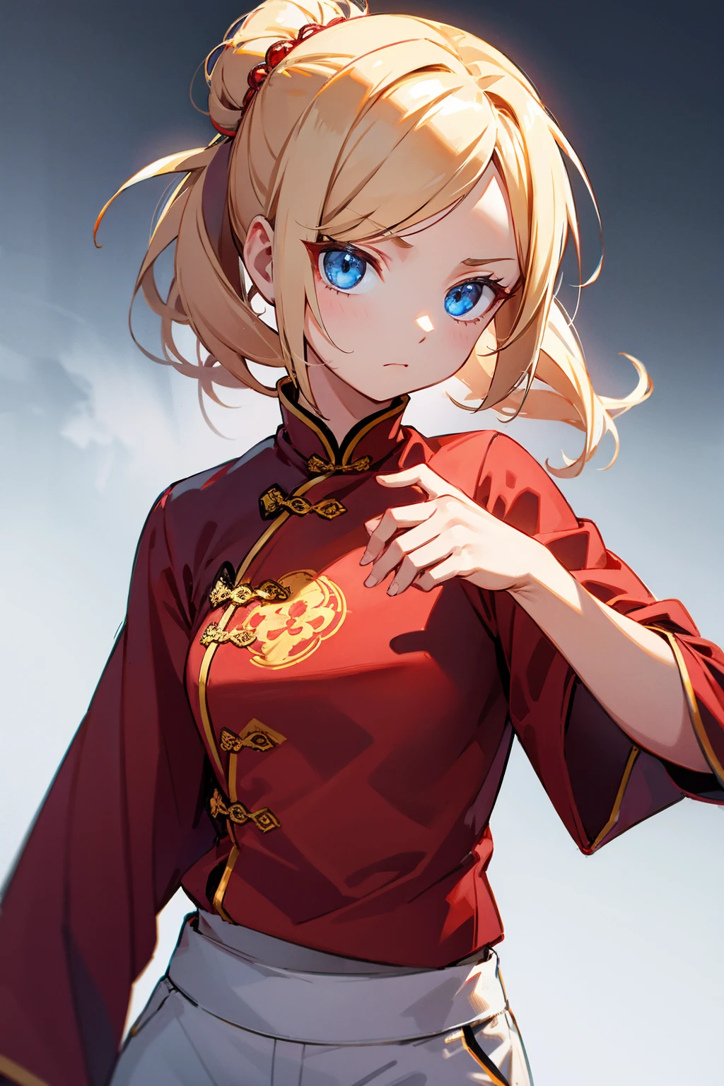 1female, blonde hair, messy updo, blue eyes, serious expression, red chinese design shirt, white and red chinese design pants, foggy background, hands to side, detailed face