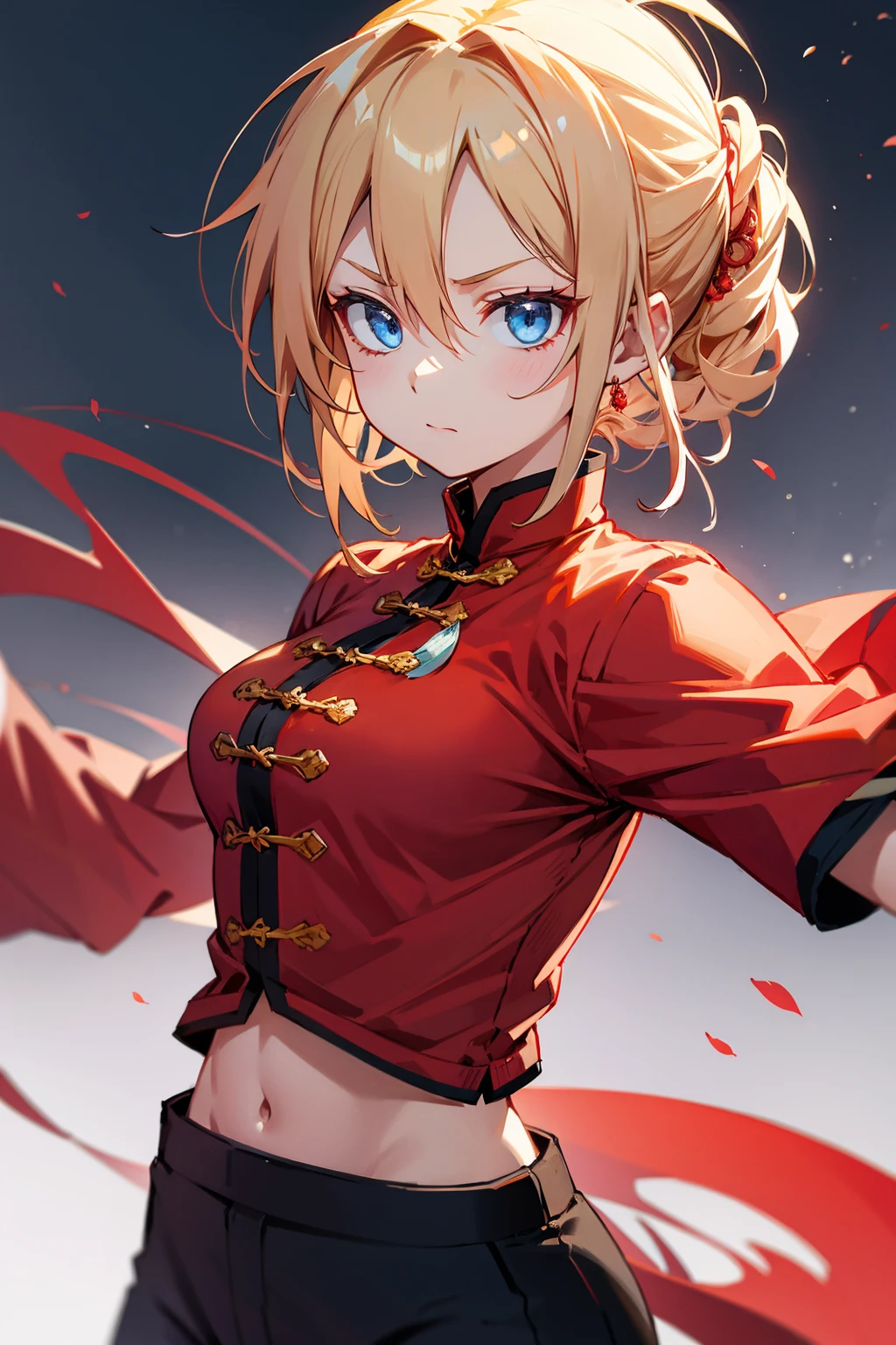 1female, blonde hair, messy updo, blue eyes, serious expression, red chinese design shirt, white and red chinese design pants, foggy background, hands to side, detailed face