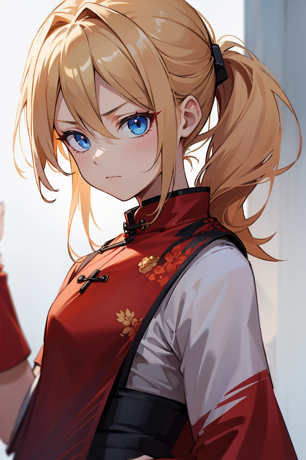 1female, blonde hair, messy updo, blue eyes, serious expression, red chinese design shirt, white and red chinese design pants, foggy background, hands to side, detailed face