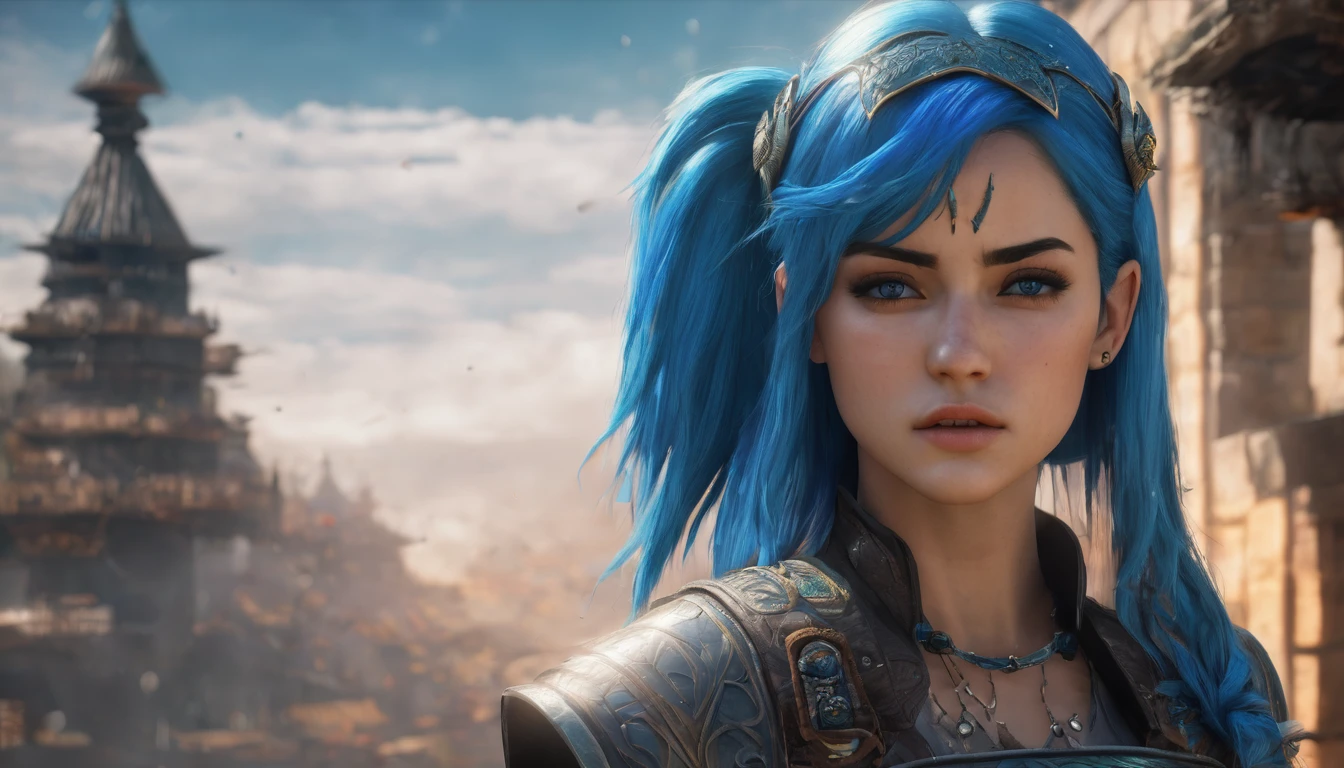 Warrior girl, blue hair, 8k, hdr, detailed background, ultra-detailed,