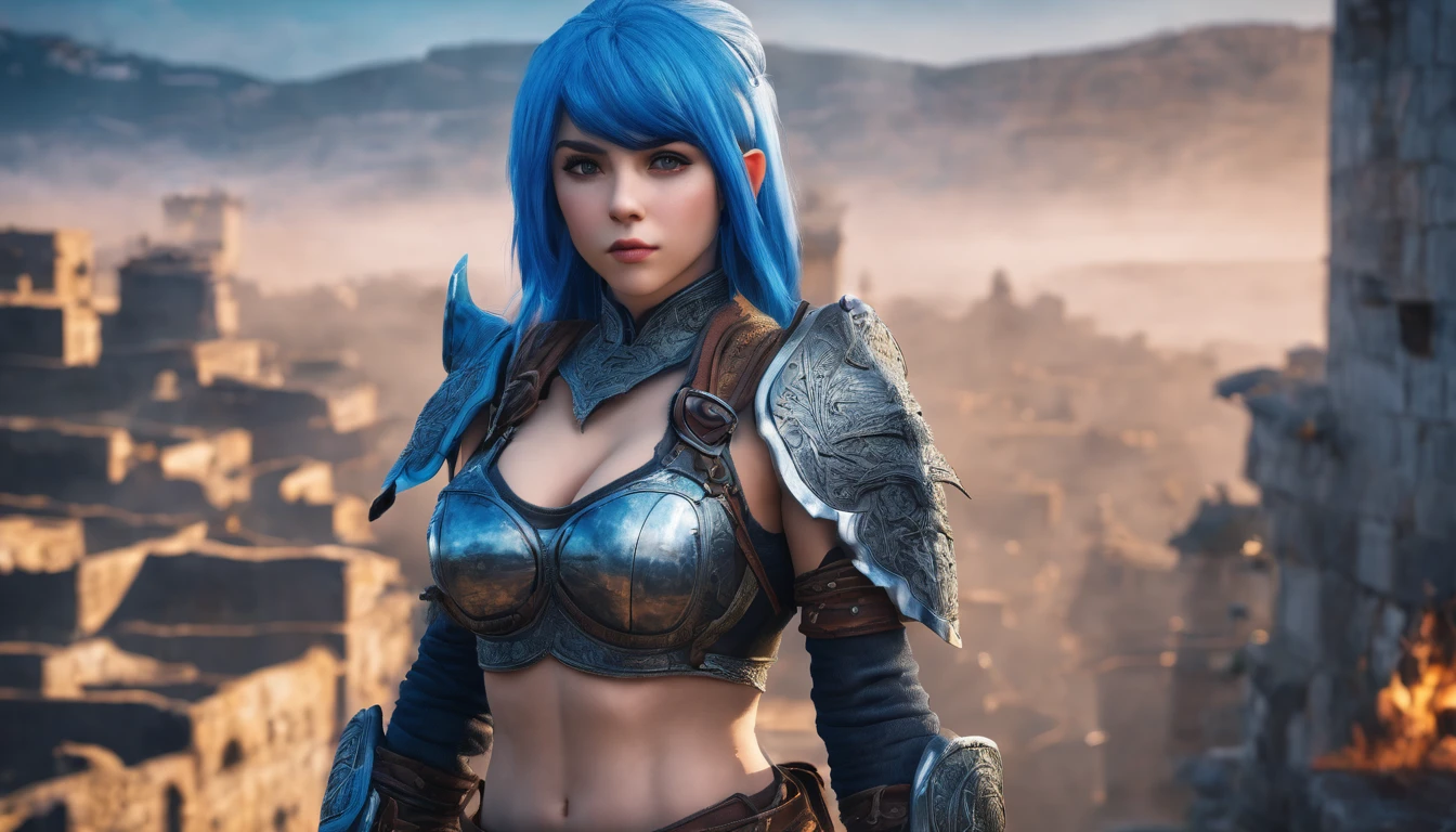 Warrior girl, blue hair, 8k, hdr, detailed background, ultra-detailed,