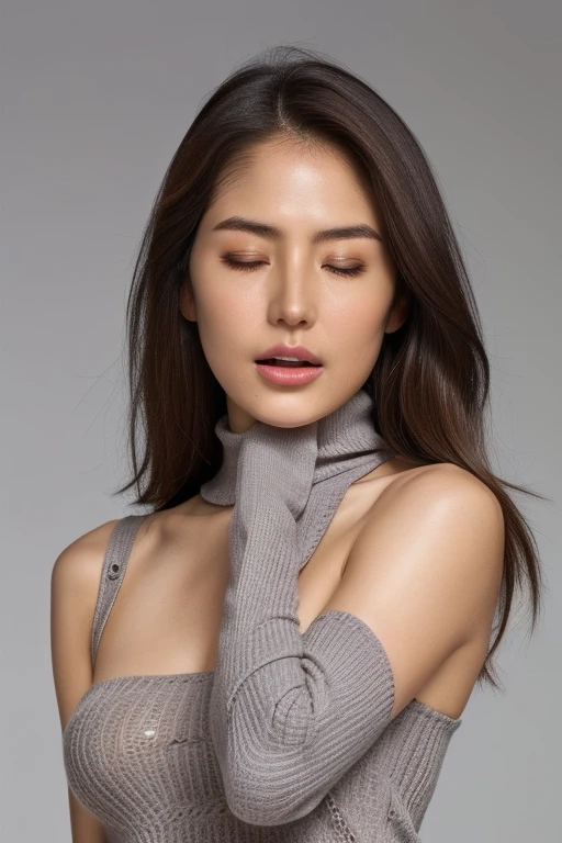 High resolution, High level image quality, high detail, masterpiece, rough skin, anatomically correct, sharp, gray background((japanese mature, 28 years old)), solo, ((close your eyes and open your mouth))、(Strong orgasm)、facial wrinkles, good shape big breasts, Straight light brown hair that reaches to the shoulders, slim body shape (((stand upright, facing the center of the screen.))), Close your mouth and look straight ahead with a serious face, ((cowboy shot)),Searching for breastake an appeal、((Raise your arms and show your armpits))、((Strong orgasm))wrinkles between eyebrows、turtleneck sleeveless knit、(((o-face)))