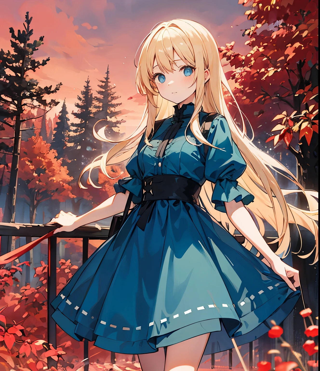 Young woman, blonde, Blue dress, Black Forest, Ebony Trees, Red Sky