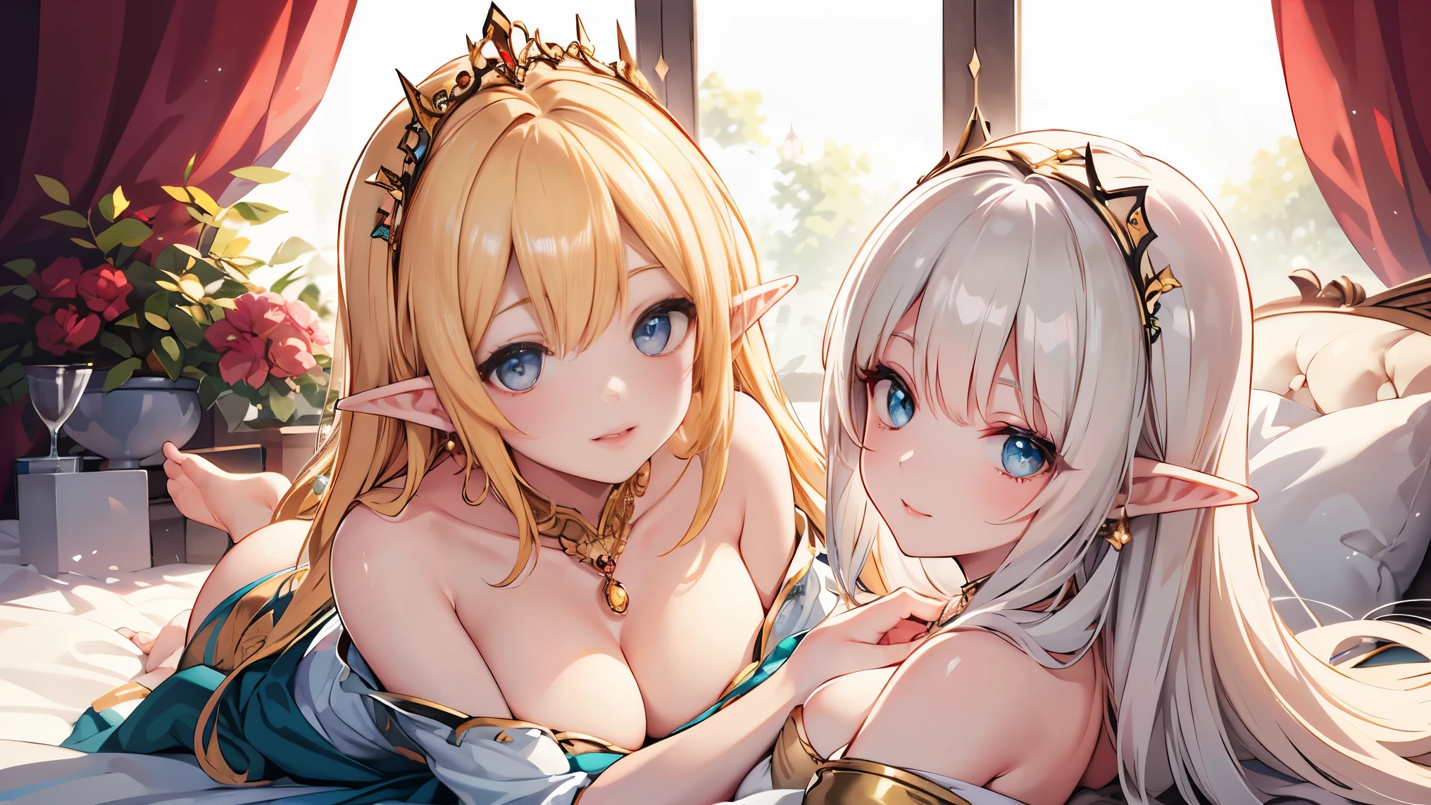 ((best quality)), ((masterpiece)), (detailed), perfect face, detailed face. detailed eyes, Pointy ears, elf, elven queen, lying on canopy bed, silk sheets, Off-the-shoulder, gold dress, ruby necklace, bejeweled tiara, Lying down, seductive pose, seductive smile, Lips with rouge, Blue eyes, blonde hair, Top-down composition, from above