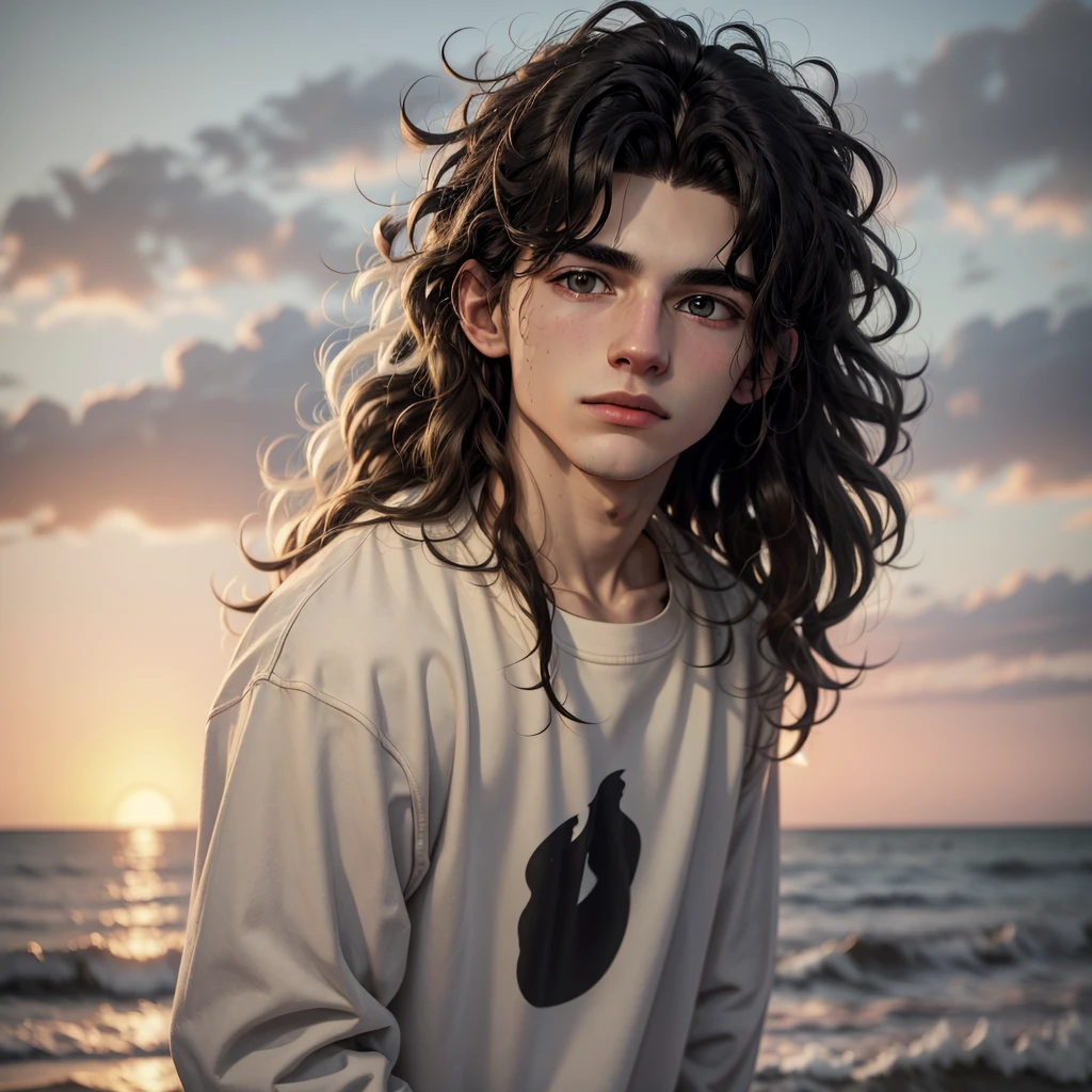 Photorealism, 20 year old boy, Skin white, wavy and messy hair, black sweatshirt, sunset, 2000s 