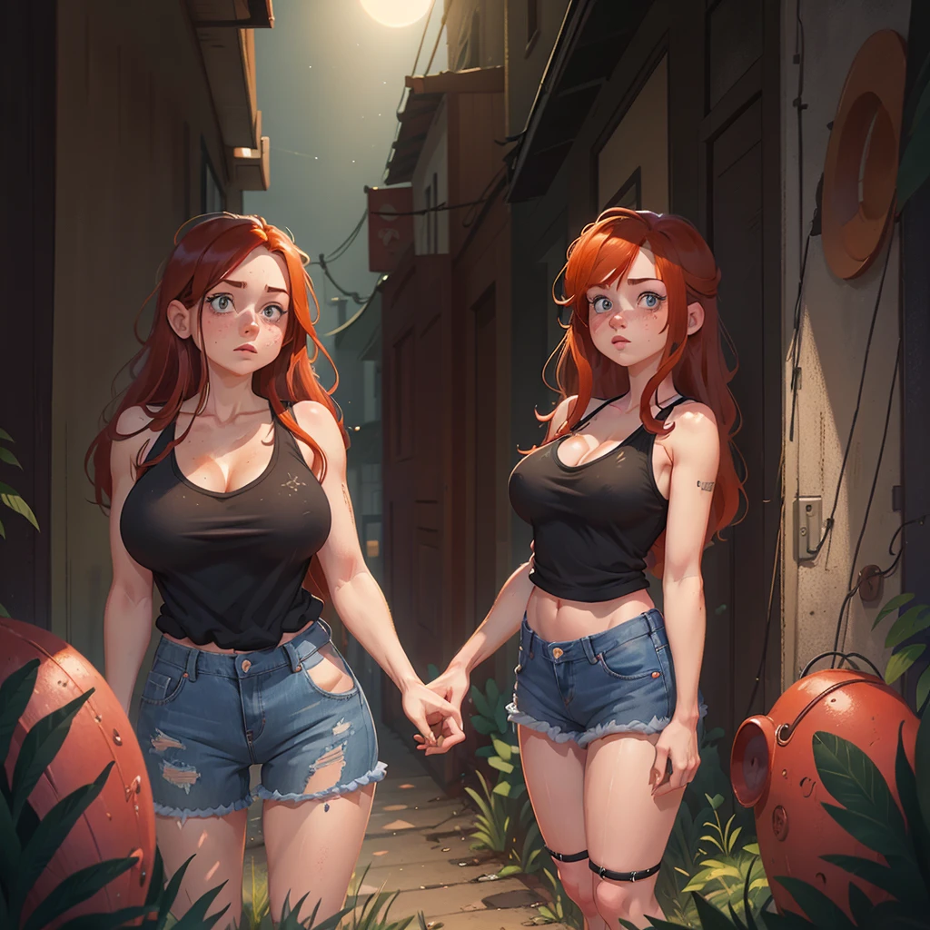 Beautiful woman with long red hair, bright blue eyes, freckles and full lips, very big breasts, wearing a black tank top and jean shorts with fishnets, she stands on a dark street at night, darkness all over, shadows and gray clouds
