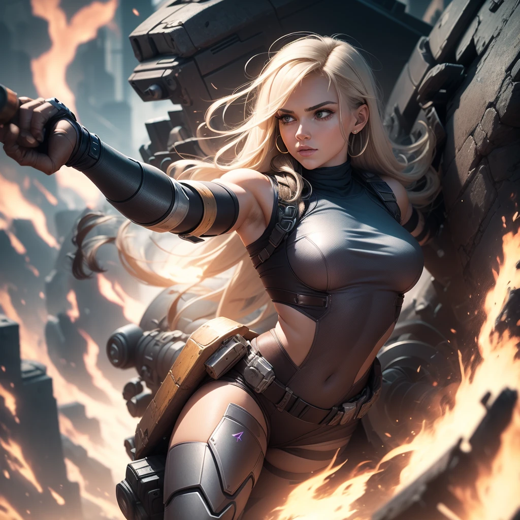 Woman with a cannon attached to her arm like megatron 