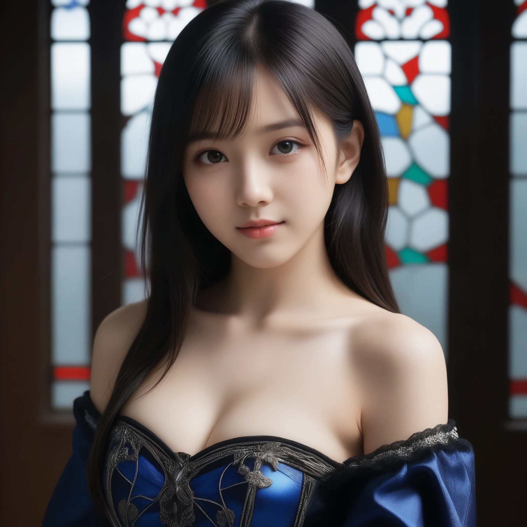 8k, Ultra-high resolution, Highest quality, masterpiece, 三分割法によるphotograph,Surreal, photograph, 1 Girl, (:1.3), pretty girl, Cute Face, Beautiful eyes in every detail, 細かくdetailedに,masterpiece,One Girl:1.2,Japan Female Teachers,extream close up,light smile,Long black hair,Straight long hair,(印象派の美しい少女のPortraiture),(Impressionist light and colour), (Avant-garde attire:1.3),(Fairy,Shiny Hair, Beautiful dark eyes, So cute and beautiful,16 years old0.8),Sharp contours,Looking down, (A future never imagined), ((Gothic cathedral)), (Stained Glass Windows:1), indoor, Light from above, Low contrast, (Side view),, Perfect and beautiful face ,完璧でCute Face, Skin with attention to detail, Perfect limbs、Narrow waist,Looking at the audience,(((Ideal body type))),A cup small breasts :2,Portraiture:2,Perfect Anatomy,鮮明なdetailed,detailed,Surreal,Light and shadow,glowing