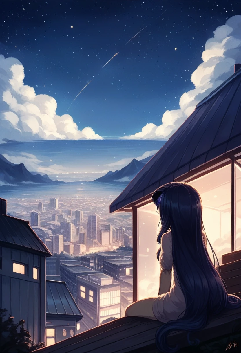 Octane, null, star (null), scenery, starry null, night, One girl, night null, alone, Outdoor, building, cloud, milky way, Sitting, wood, Long Hair, city, silhouette, cityscape
情報