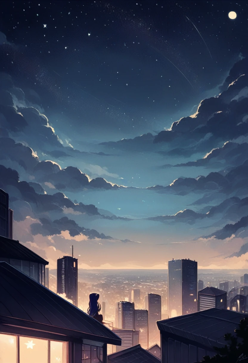 Octane, null, star (null), scenery, starry null, night, One girl, night null, alone, Outdoor, building, cloud, milky way, Sitting, wood, Long Hair, city, silhouette, cityscape
情報