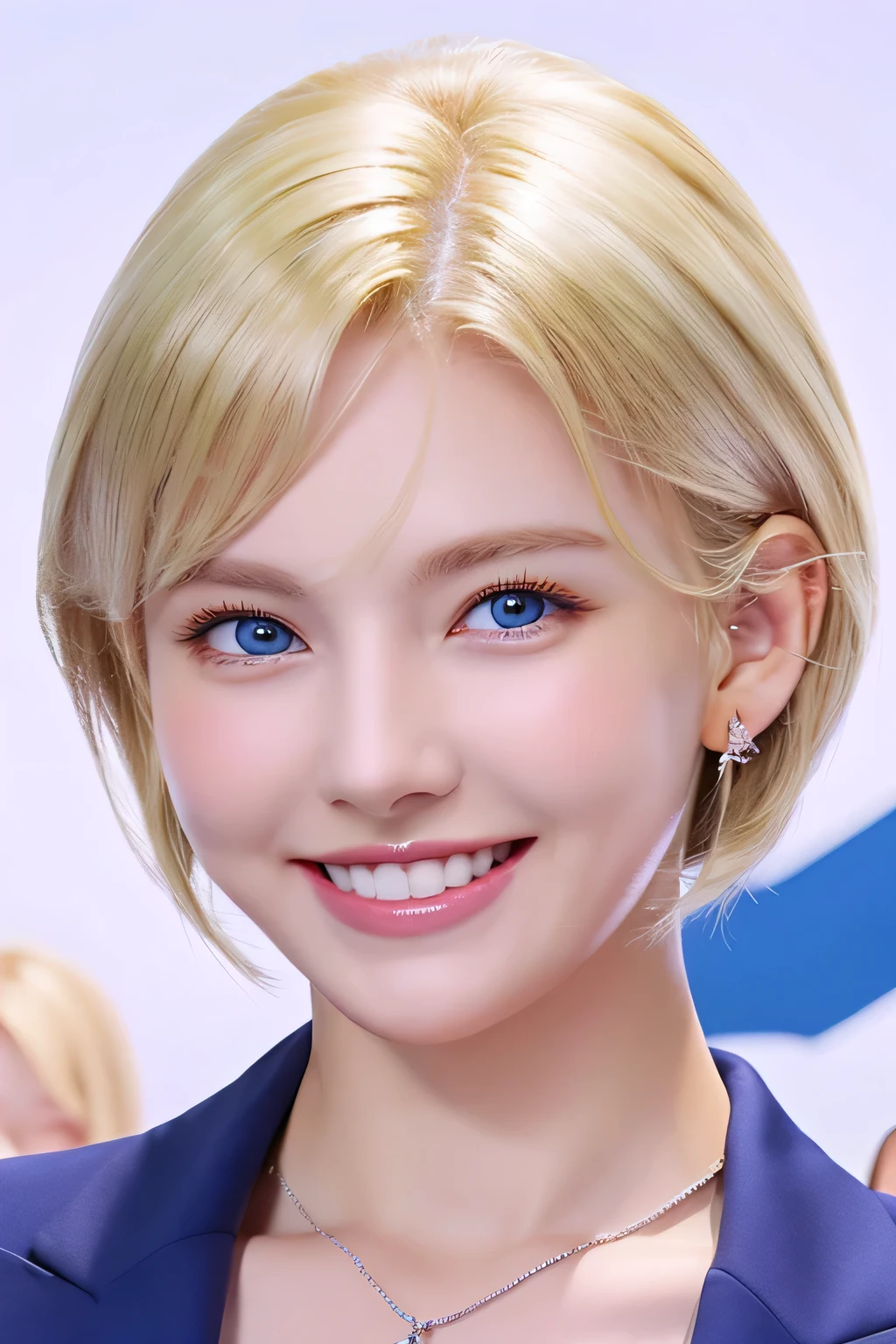 8K、highest quality、Blonde Hair、Blue eyes、White women、Short Haircut、Ear piercing、necklace、smile、Beautiful teeth alignment、Office Lady Suits、The background is the office