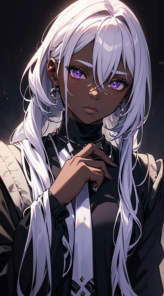 A mature darkskin woman, beautiful detailed purple eyes, long white hair in a ponytail, bangs, blank facial expression, wearing a long sleeve shirt with a tie, black hoodie, calm expression, (best quality,4k,8k,highres,masterpiece:1.2),ultra-detailed,(realistic,photorealistic,photo-realistic:1.37),portrait,high fashion,dramatic lighting,cinematic,moody