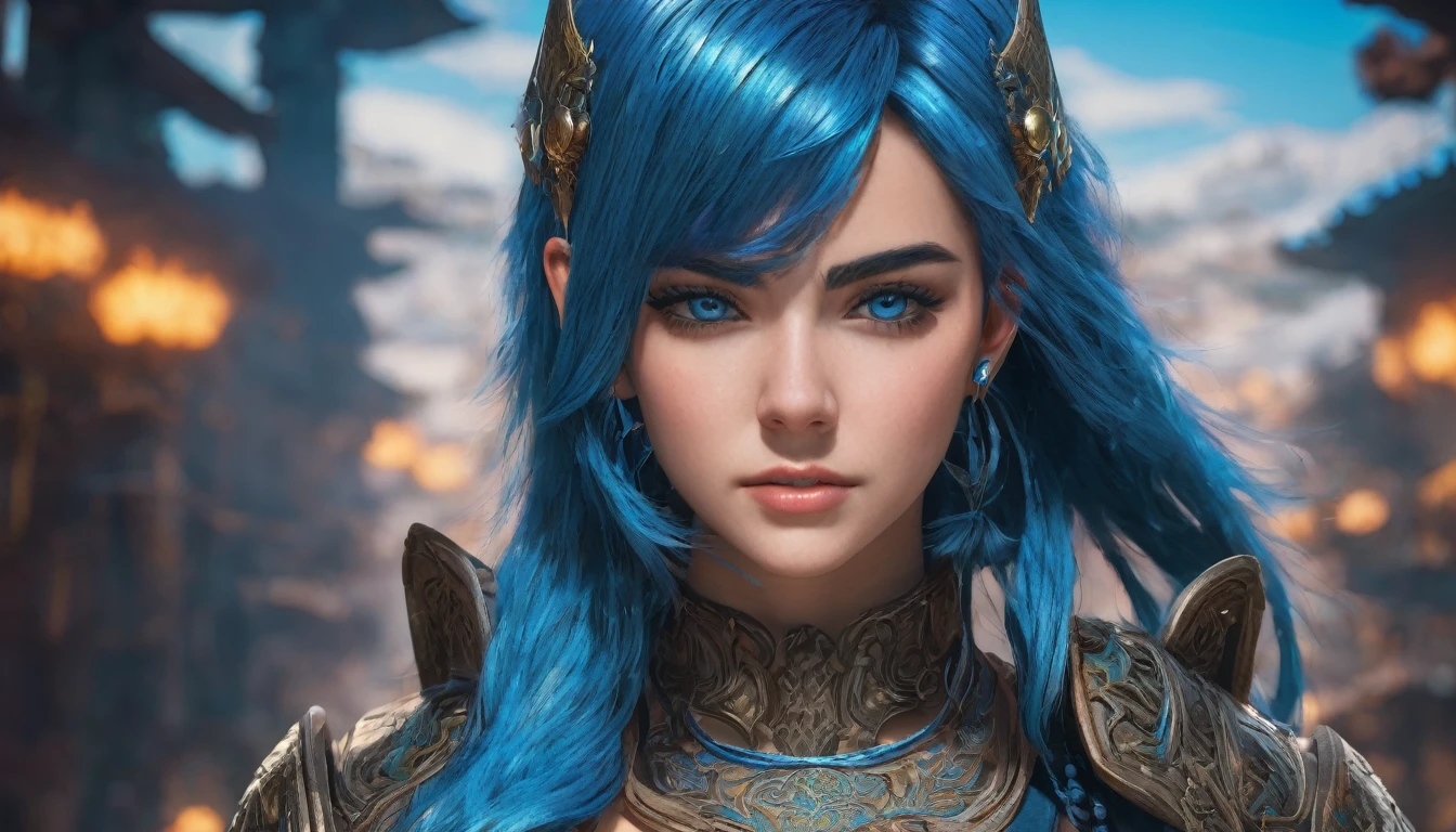 Warrior girl, blue hair, 8k, hdr, detailed background, ultra-detailed,