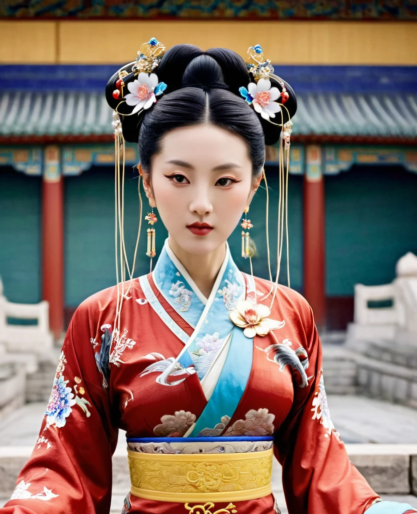 The Empress is standing with her large breasts, her hair is tied up and pulled up, and her lower abdomen is decorated with gorgeous flowers.、A perverted, erotic woman wearing the crown of a Qing Dynasty empress. The background is the stone paving of a Chinese palace during the Qing Dynasty.
