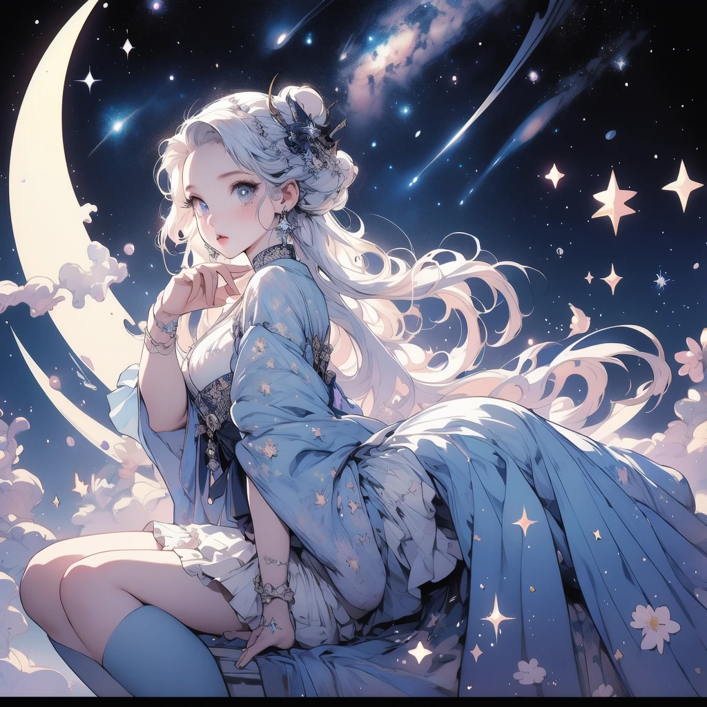 sitting on the crescent moon、Star Fairy、(masterpiece, best quality), 1girl, sitting on the crescent moon、「Beautifully printed Milky Way-style kimono and gothic ****ta clothing.、Universe pattern box pleated mini skirt with ruffles、Front view portrait、Knee-high boots、enchanting eyes、Perfect and stunning face、exquisite details、clear image、highest quality。」Milky white and light blue long straight hair、universe、Milky Way、meteors、