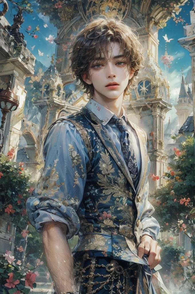 (masterpiece, top quality, best quality, official art, beautiful and aesthetic:1.2), boy, handsome, extreme detailed faces, (fractal art:1.3), colorful, highest detailed, (perfect face), shiny skin, HDR, cantarella, extremely detailed dress, detailed background 