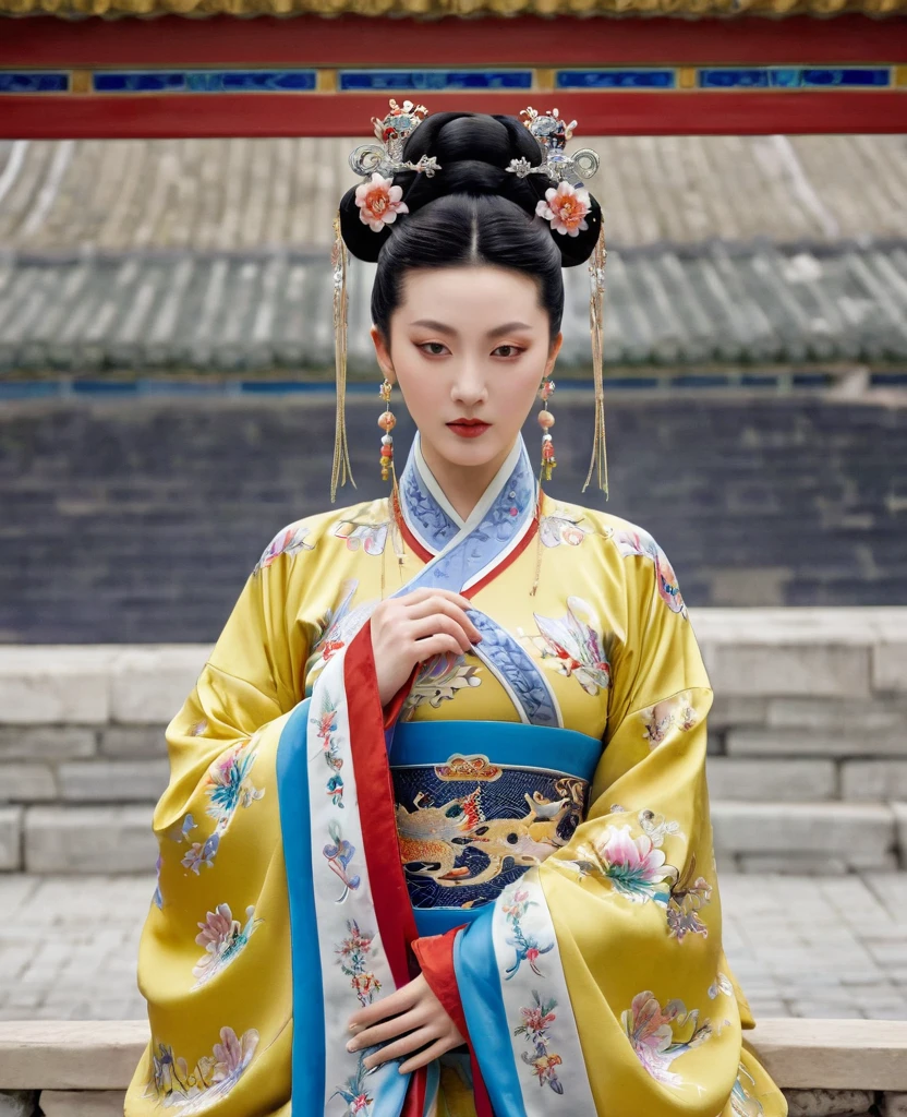 The Empress is standing with her large breasts, her hair is tied up and pulled up, and her lower abdomen is decorated with gorgeous flowers.、A perverted, erotic woman wearing the crown of a Qing Dynasty empress. The background is the stone paving of a Chinese palace during the Qing Dynasty.