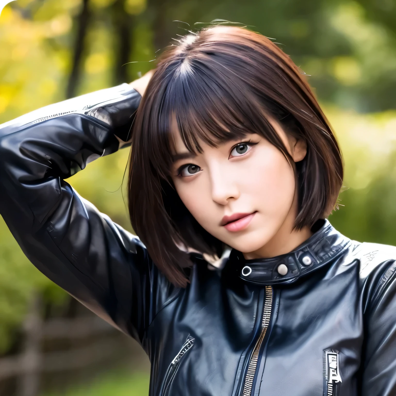 arafed image of a woman in a black レザー jacket, レザー, dressed in short レザー jacket, レザー clothes, レザー clothing, black レザー, black レザー slim clothes, dressed in black レザー, wearing レザー jacket, she wears レザー jacket, dressed in biker レザー, wearing a full レザー outfit, dressed in レザー jacket, skintight レザー clothes, レザー jacket