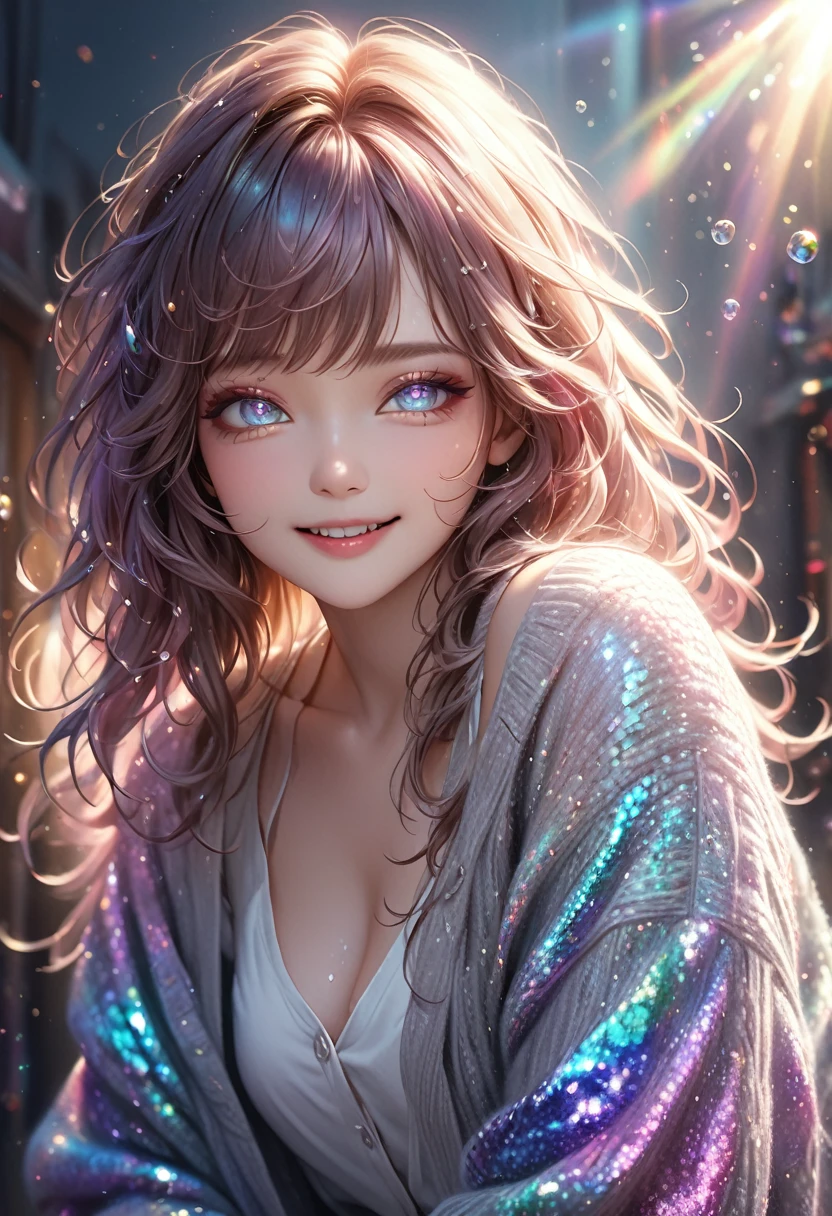 cute woman, amorous and lewd face, the best smiling, shining eyes, make-up, messy hair, great proportion, loose size cardigan, (ultra detailed, absolutely resolution, best quality:1.3), 2.5D, delicate and dynamic, shading effects, hyper realistic, artistic photography, glitter effects, foggy effects, iridescent soap bubble effects