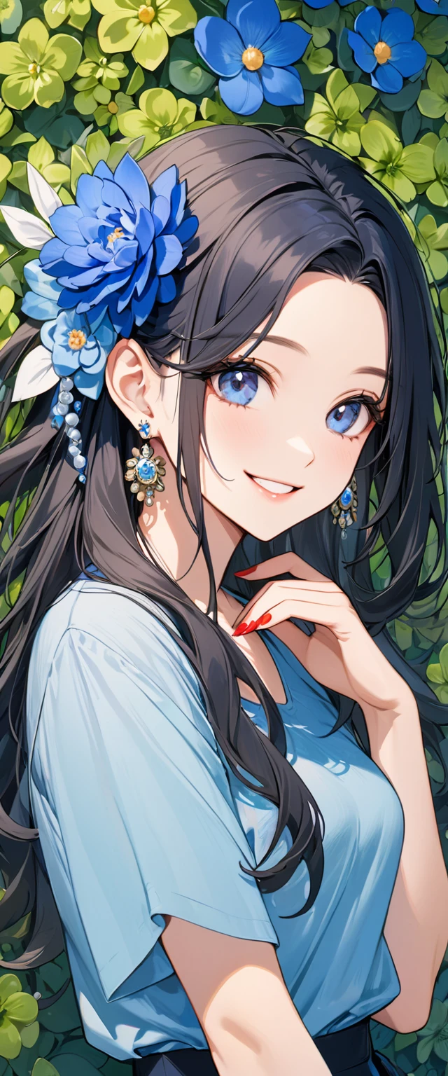 woman with Blue shirt and Blue flower in hair in front of green flower wall, 1girl, solo, flower, jewelry, hair ornament, earrings, hair flower, red nails, smile, long hair
